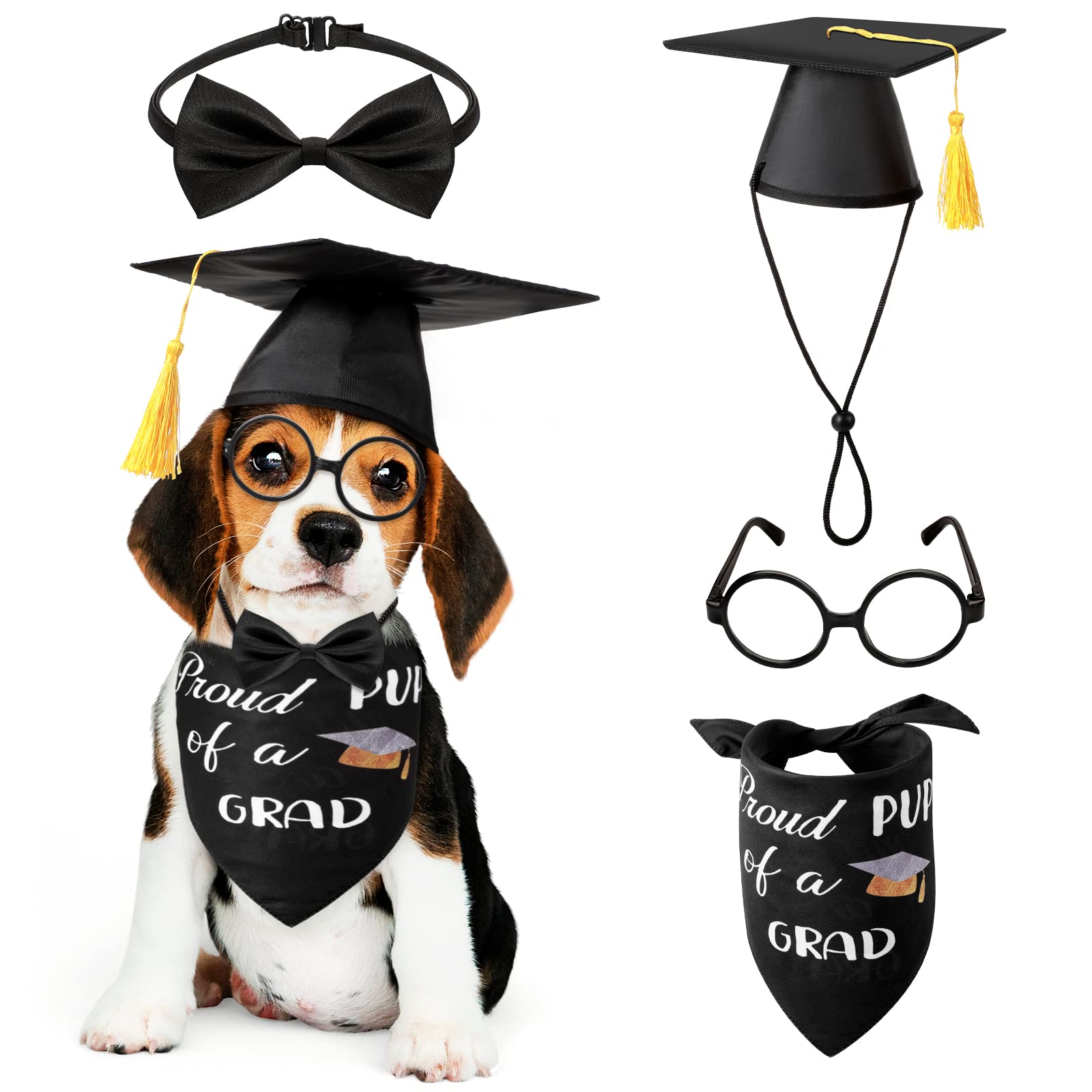 4 Pieces Dog Graduation Costume Set, Include 2025 Pet Dog Graduation Hat with Yellow Tassel and Dog Bow Tie, Dog Graduation Bandana, Round Lensless