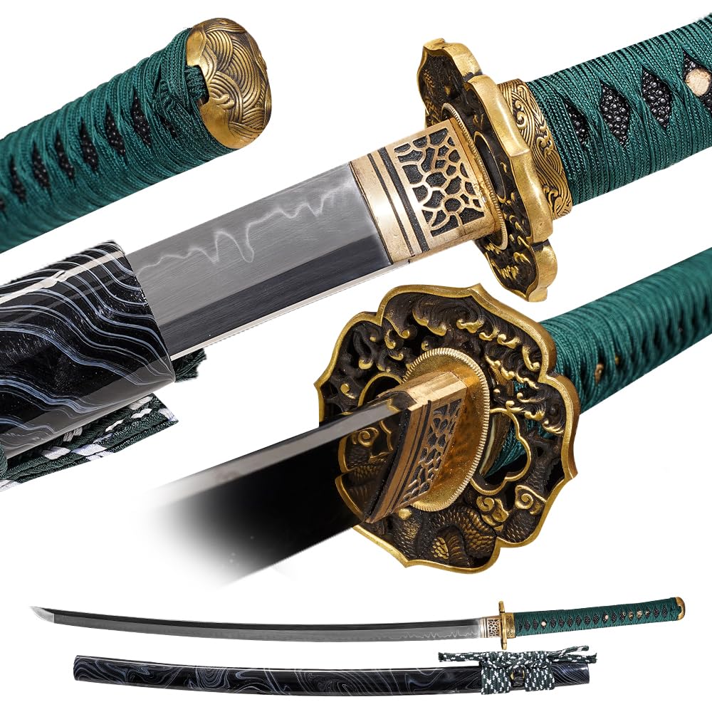 Moonswords Emerald Green Japanese Samurai Sword, Siwode,Hand-Forged Katana-Authentic Detailing and Traditional Hardening Process, Perfect for Display,Full Tang, T10 Steel
