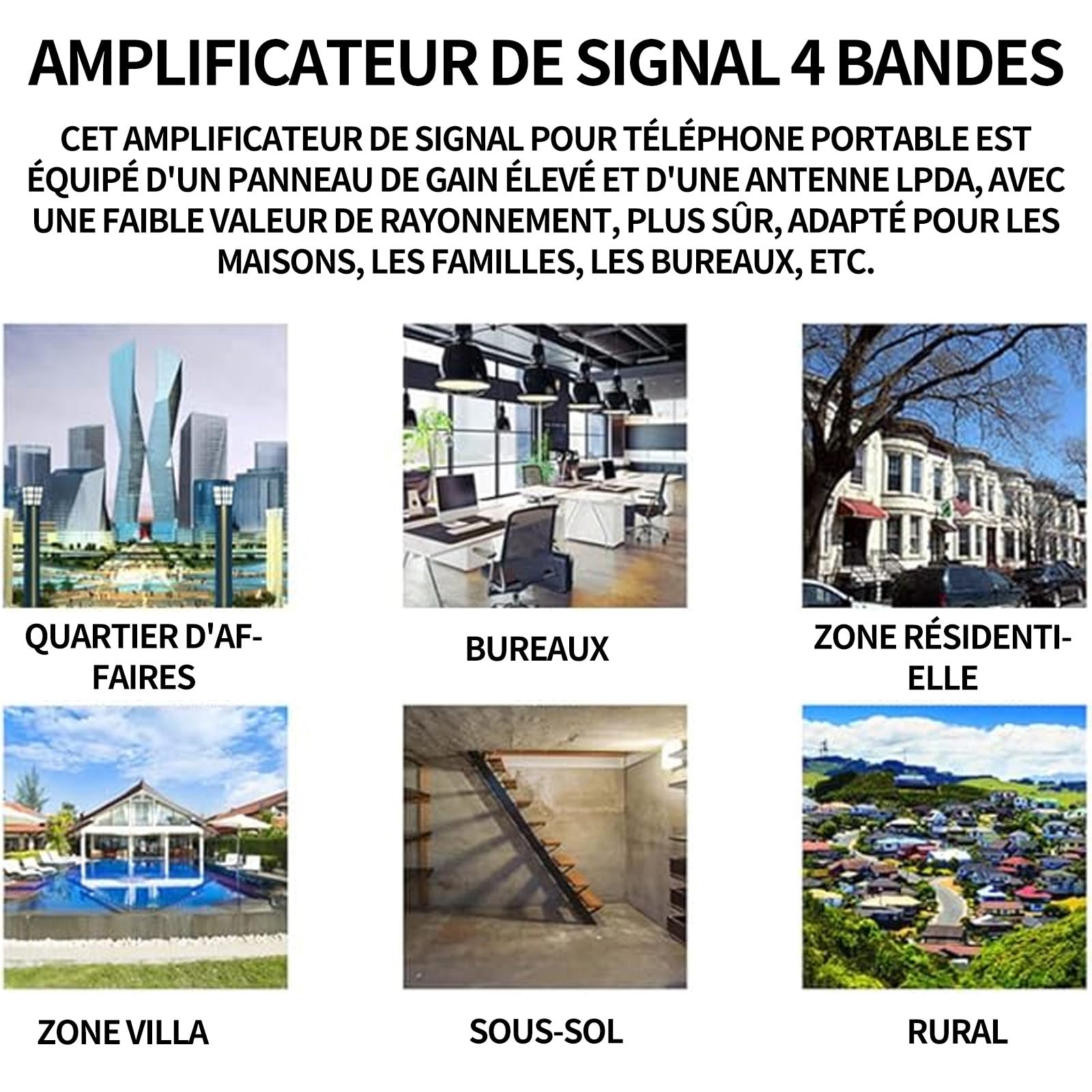 Amplificateur Signal 4G 5G Booster Répéteur GSM 4 Bandes 900 1800 2100 2600 MHz Maison Bureau Antenne Intérieur Extérieur