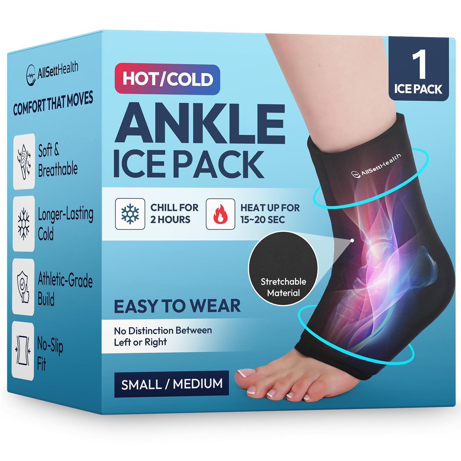 Ankle Ice Pack Wrap for Swelling - Hot/Cold Therapy Ice Wrap for Foot Pain Relief, Heel Pain Relief, Plantar Fasciitis, Achilles Tendonitis Relief, Sprained Ankle Compression, Small/Medium