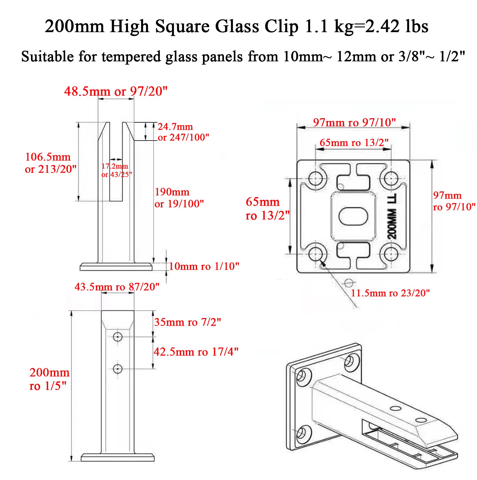 Pinces Verre 3/8"~1/2" Clips Verre en Acier Inoxydable 304,pour Clôture Verre Borderless, Pince Ergot Carrée Verre avec Entretoise Tournevis Hexagonal,200mm High,2pcs