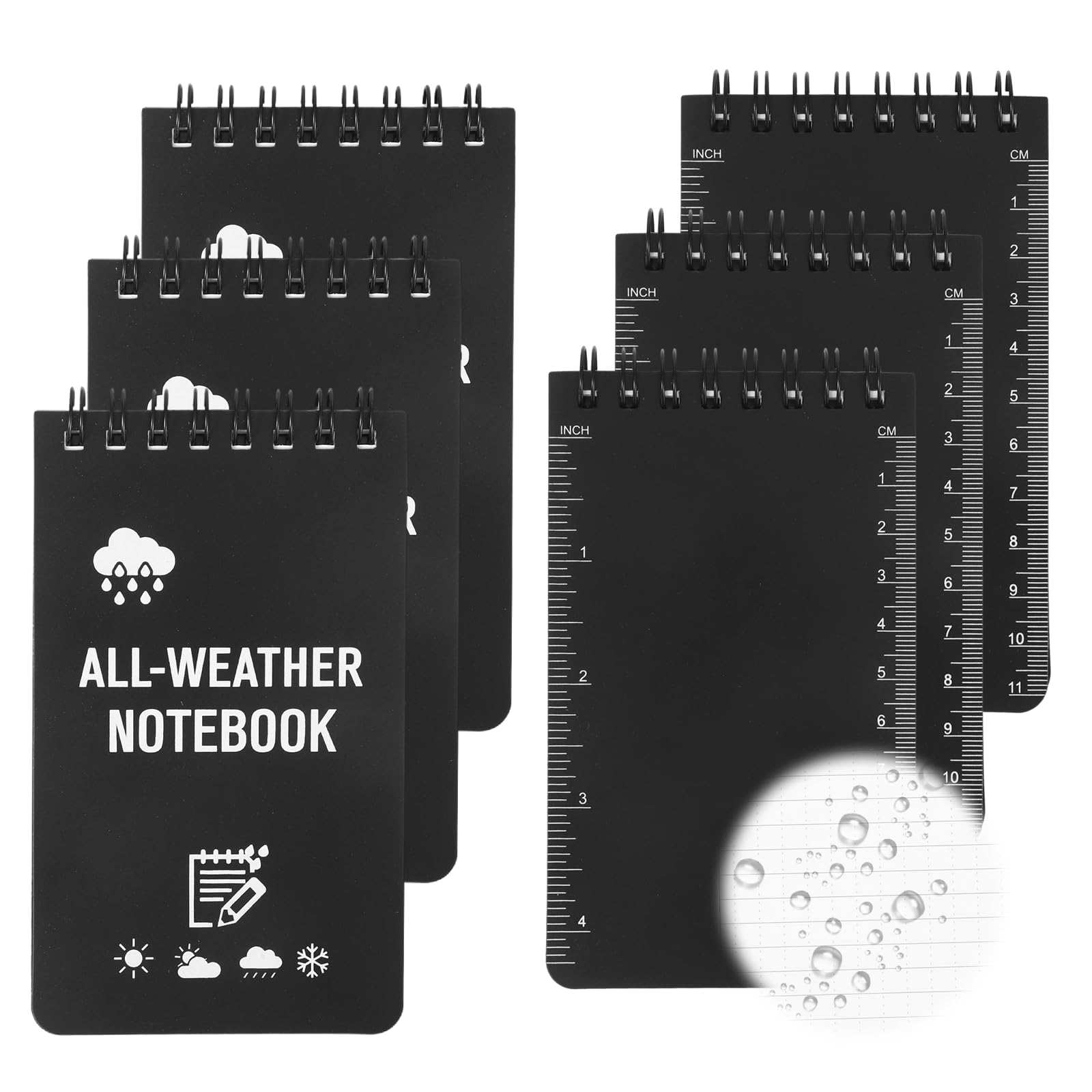Pack of 6 Small Notebook Writing Pad Spiral Bound Waterproof Pocket Size Outdoor All-Weather Pad for Field Notes Travel Records Tactical Use (Black)
