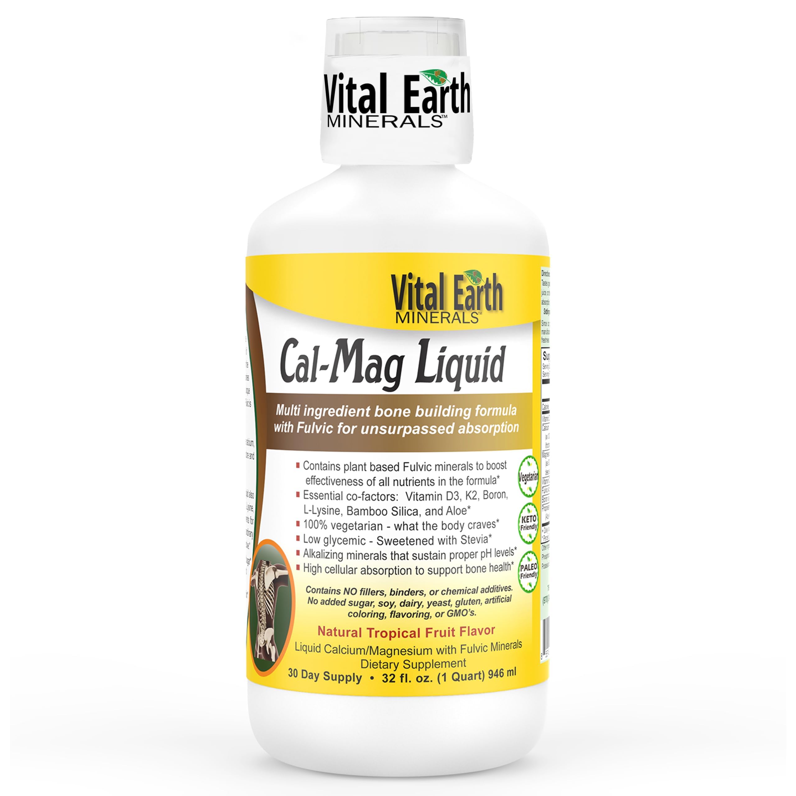 Vital Earth MineralsCal-Mag Liquid – Calcium Magnesium Supplement with Vitamin D3, K2, Boron, and Fulvic Acid for Faster Absorption, 32 Oz + 1 Oz Cup