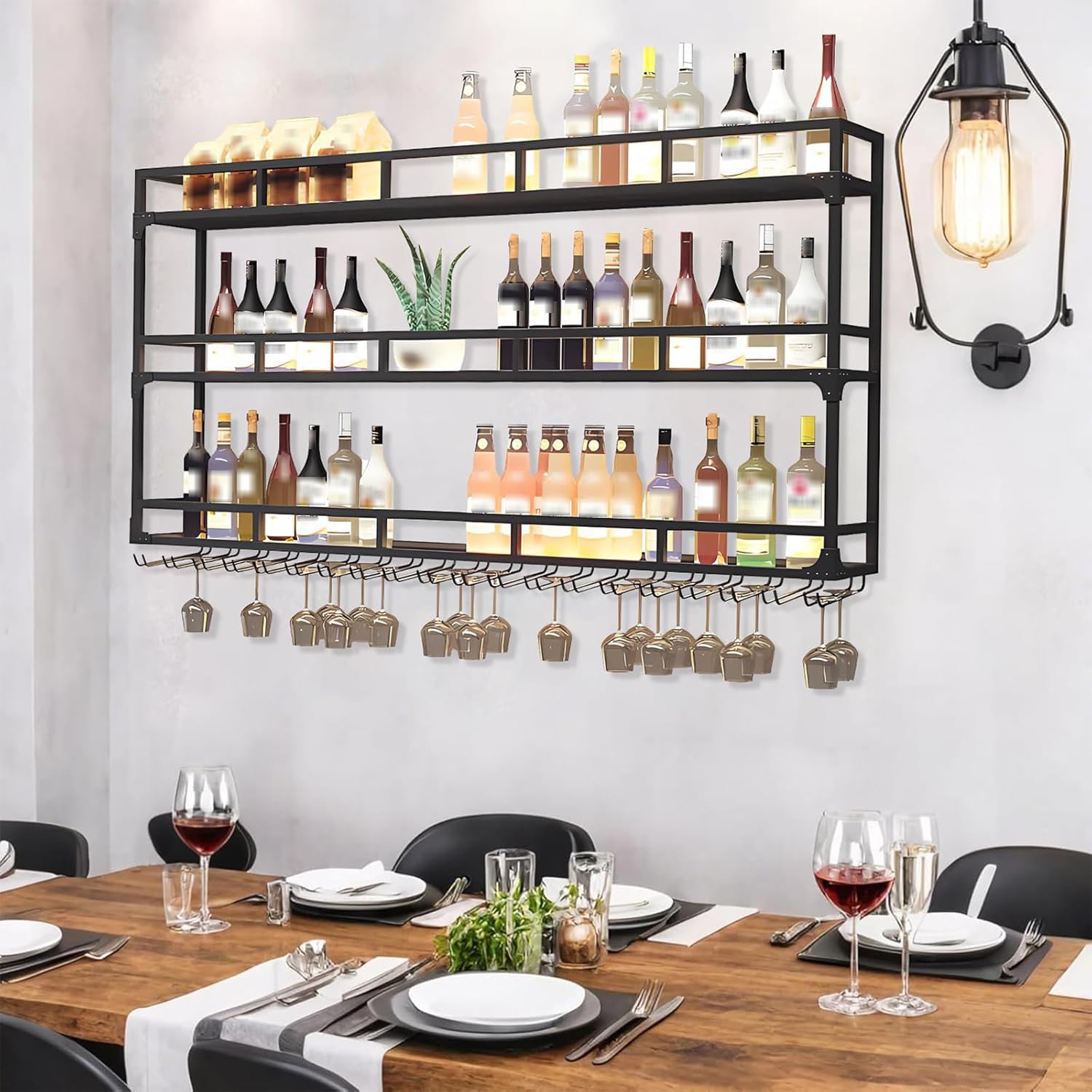 Botellero de Pared con portavasos, Estantería de Hierro de 3 Plantas, Estante de Botellas de Pared, Soporte Flotante para exhibición de Vino, para el hogar, Restaurante, Bares (Negro, 100cm)