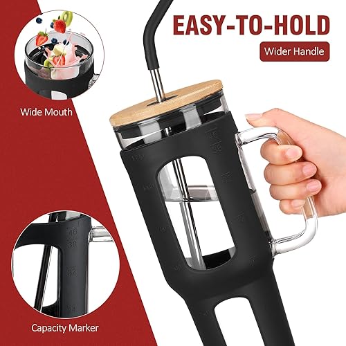 Miniatura 10 de WINSA Vaso de vidrio con tapa y pajilla, taza para café helado de 46 onzas con asa, botellas de agua de vidrio con funda de silicona, taza de vidrio
