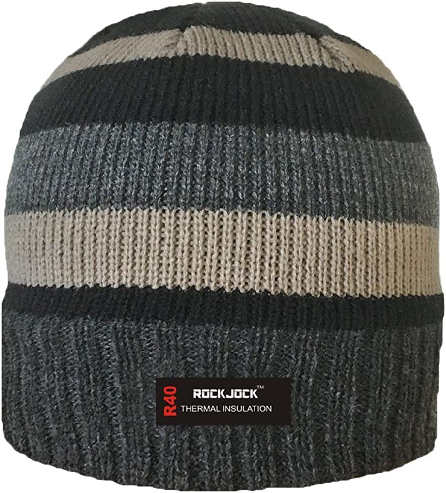 Hifen Men's Beige Hifen® Striped Knitted Fleece Lined Soft Stretchy Beanie Hat With Thermal Insulation
