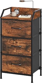 Chest of Drawers with 3 Fabric Drawers, Bedside Table Storage Unit with Wooden Top and Metal Frame, Bedroom Dresser Organiser for Living Room, Hallway, Closet (Rustic Brown)