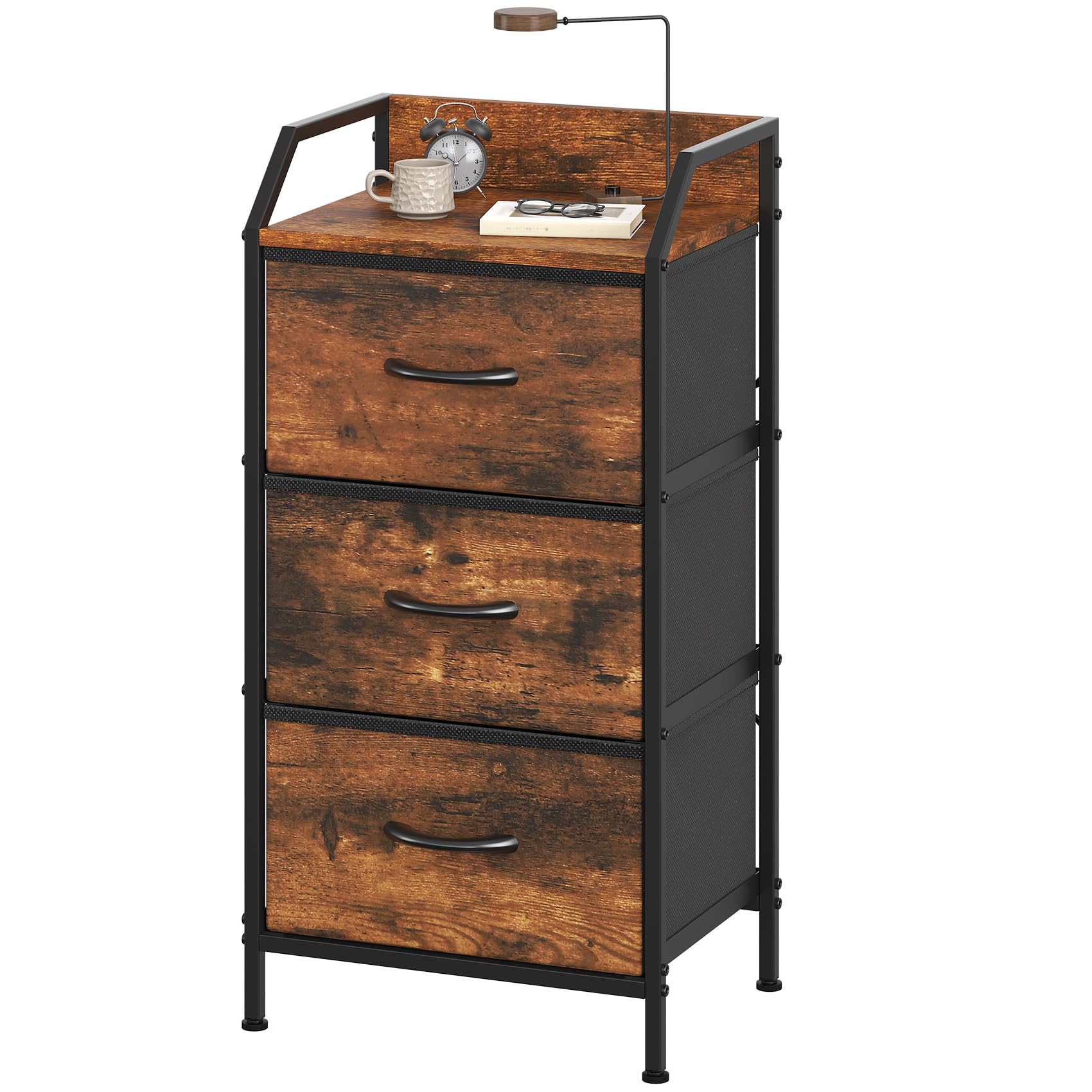 Noblik Chest of Drawers with 3 Fabric Drawers, Bedside Table Storage Unit with Wooden Top and Metal Frame, Bedroom Dresser Organiser for Living Room, Hallway, Closet (Rustic Brown)
