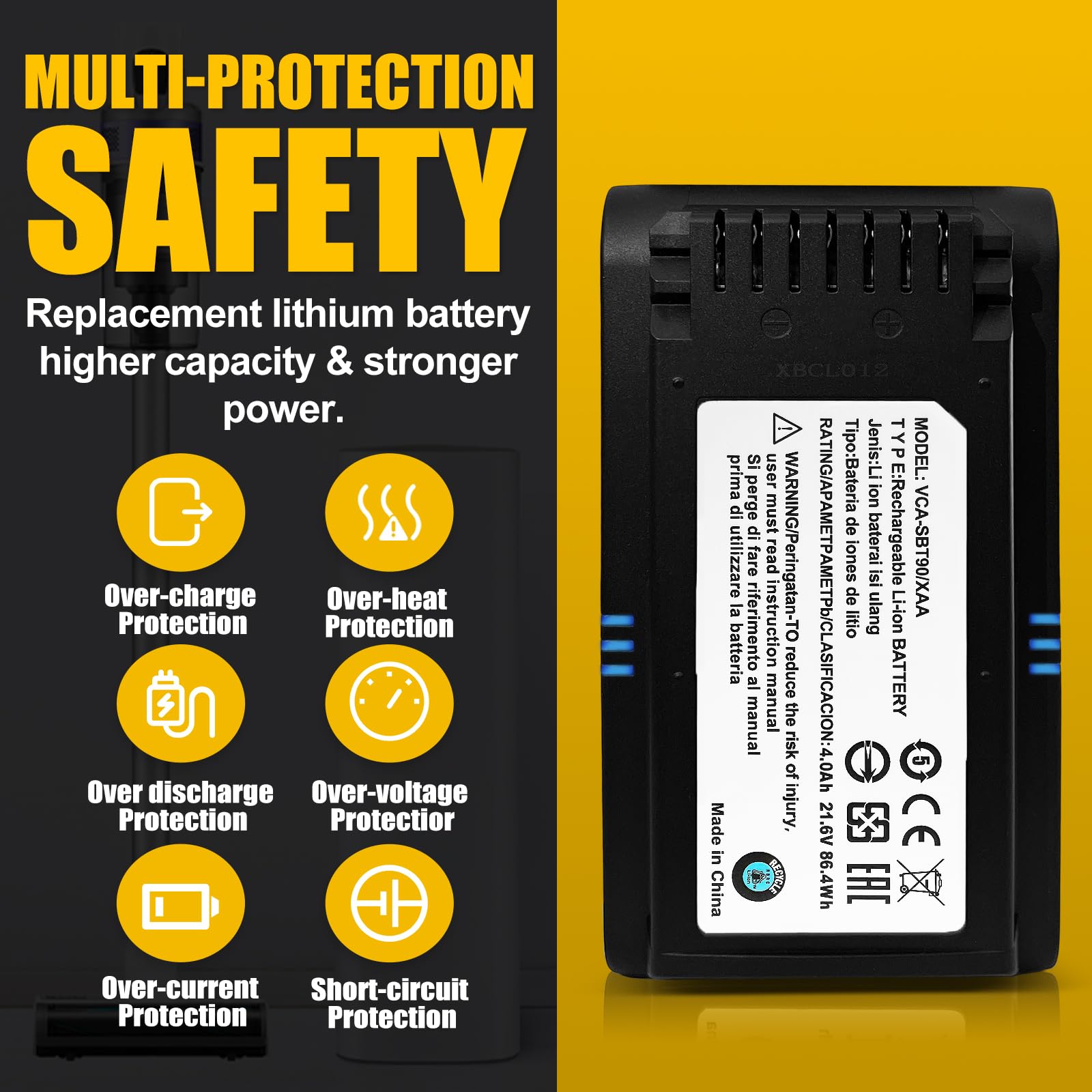 Batteria da 4.0Ah per Samsung VCA-SBTA60 VCA-SBT90 VCA-SBT90EB, compatibile con gli aspirapolvere senza fili Samsung JET60 JET65 JET70 JET75 JET90. Non per gli aspirapolvere delle serie Jet 85 JET95 e
