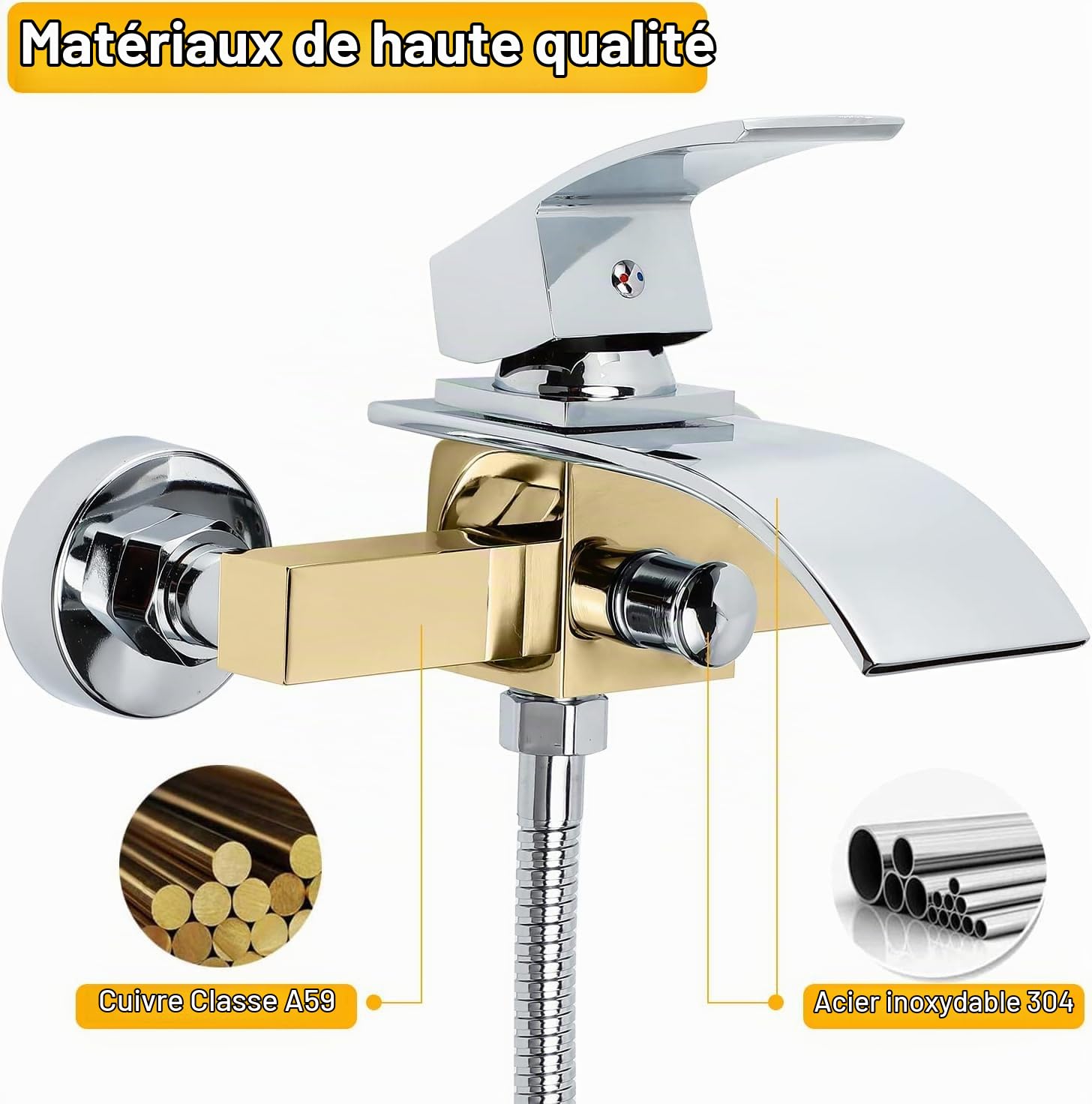 Mitigeur de Baignoire Cascade, Robinet Douche en H59 Laiton Chromé | Robinet Baignoire avec Douchette à Main en ABS plastique et Tuyau de douche, Mitigeur BainFixé au Mur mitigeur bain et douche