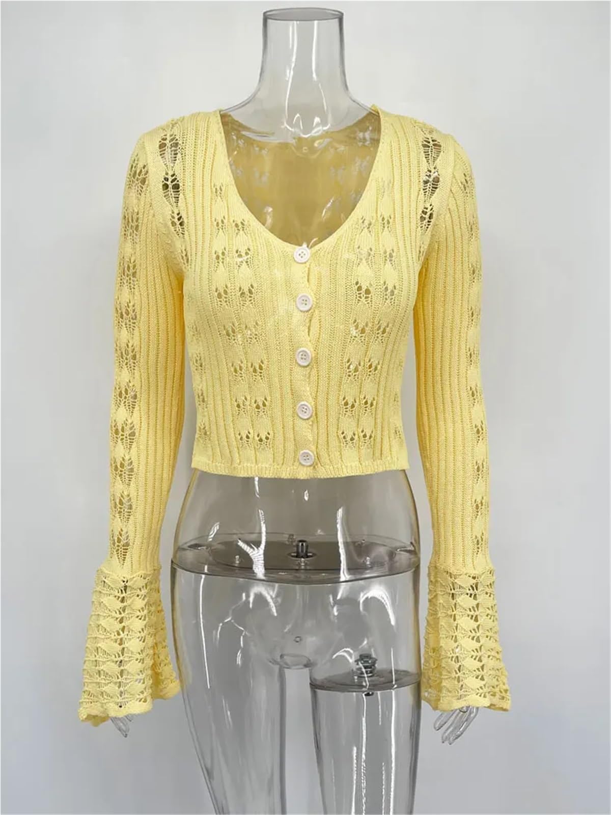 Cardigan Mujer Corta Suéter Calado con Cuello en V, Manga Larga, Transparente, de Verano, Punto y Patchwork