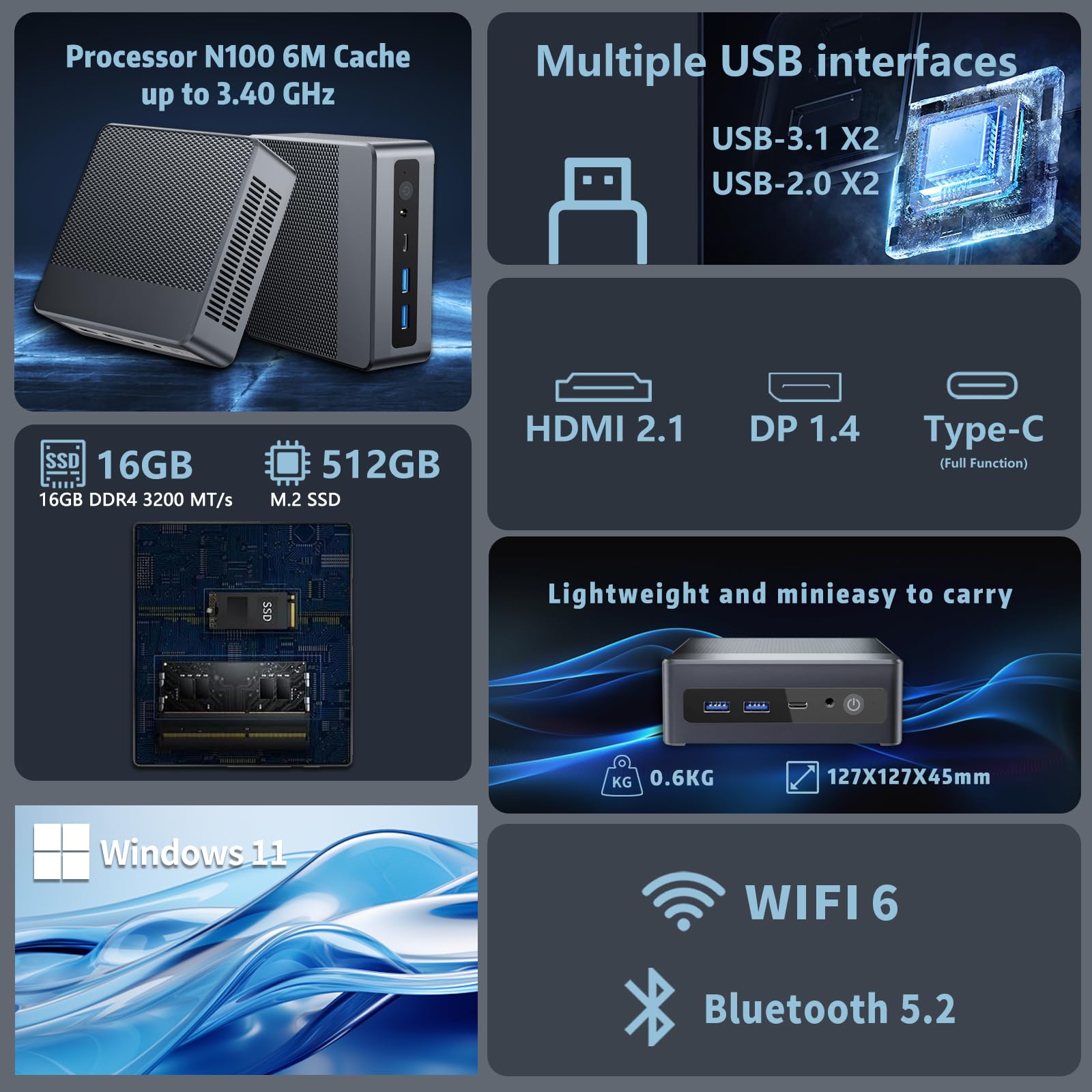 KUMNOSAL Mini PC 16GB LPDDR5 RAM+512GB M.2 SSD, Alder Lake-Ν100 (fino a 3,4GHz) Mini computer, WIFI 6| HDMI | 2*USB3.0 | Tipo C completo | BT 5.2, Win 11 Mini Computer Desktop per casa/lavoro/scuola