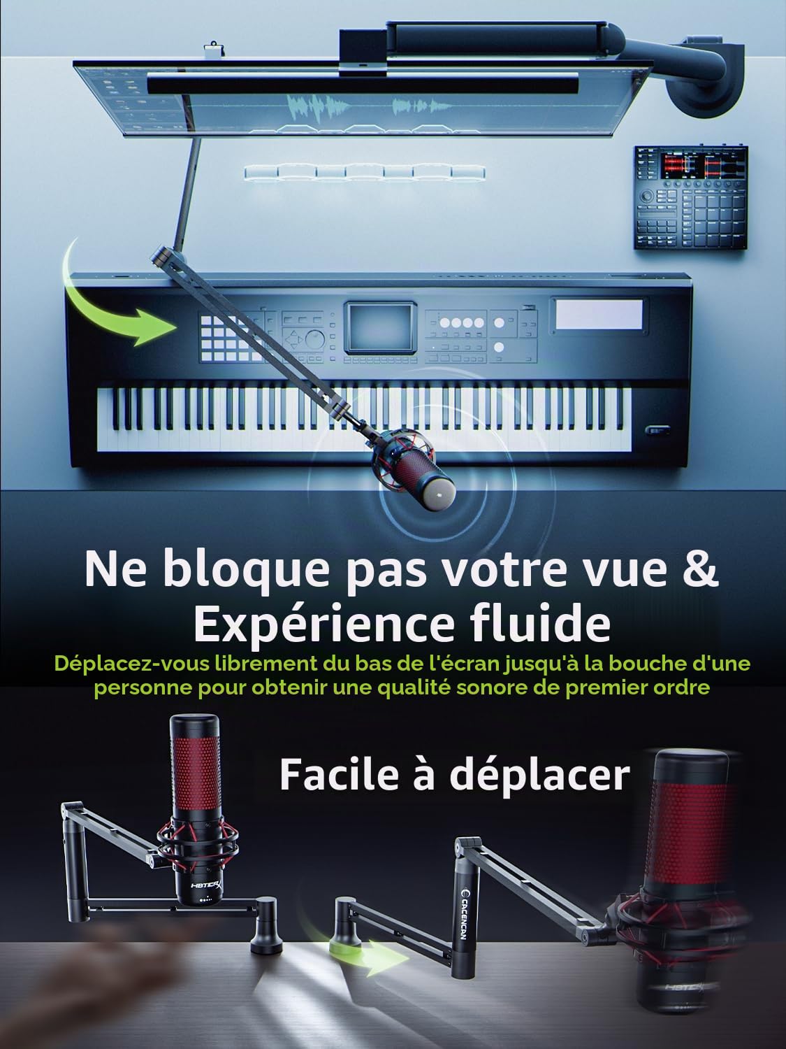 CACENCAN M05 Bras perche, support de microphone rotatif à 360° avec support de bureau, bras de micro de bureau pliable avec adaptateur à vis de 3/8" à 5/8", bras de microphone pour diffusion (Noir)