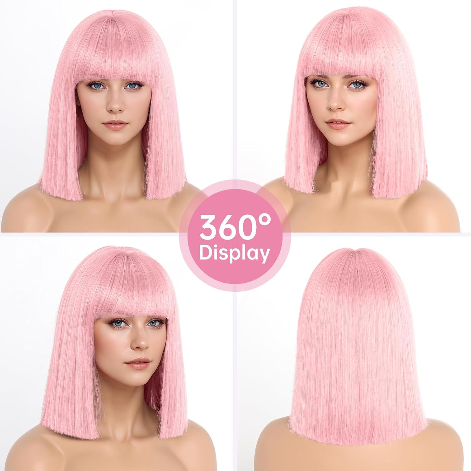 PORSMEER Short Pink Bob Wigs with Fringe Shoulder Length Colorful Wig for Women Girls Heat Resistant Synthetic Straight Hair Wig for Cosplay Halloween Party 14 Inch 35cm - Image 3