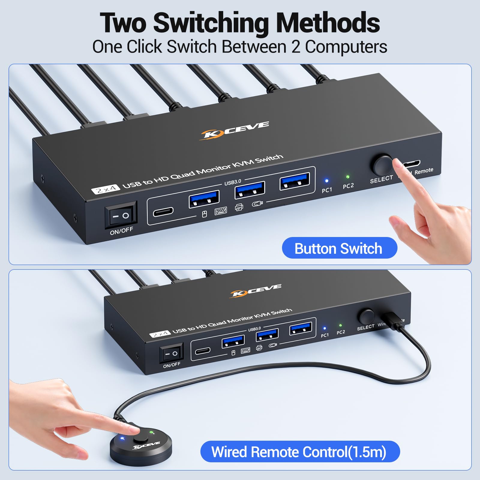 KVM Switch 2 PC 4 Monitor 1080P@60Hz, Quad Monitor KVM Switch Adatto per l'esecuzione di due Computer su 4 Monitor e 4 Dispositivi USB, Installazione driver richiesta