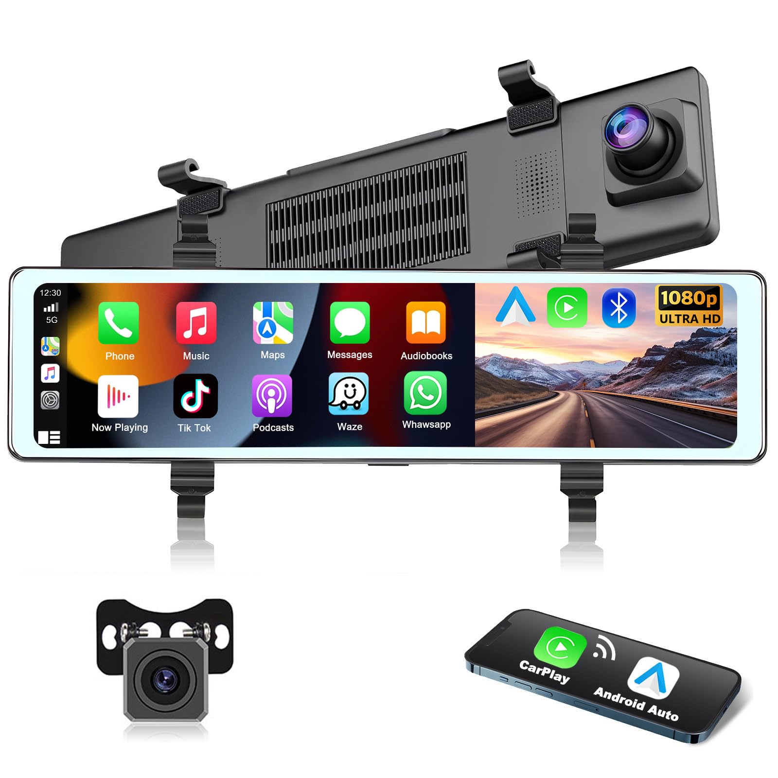 Podofo Front and Rear View Camera Wireless Carplay Android Auto Car Driving Recorder 11.26" IPS Touch Screen Mirror Dash Cam with 1080P Backup Camera, 2 Split Screen, Bluetooth, FM Transmitter
