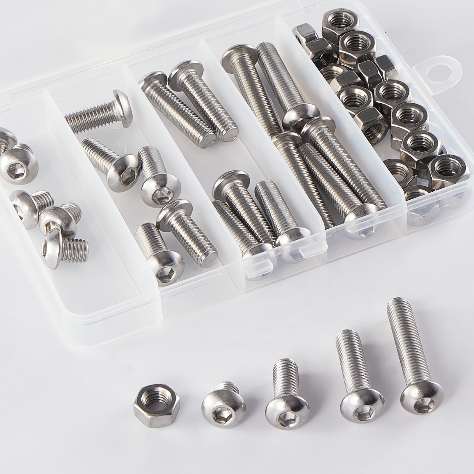 Viti e dadi, M8 x 10 mm, 20 mm, 30 mm, 40 mm, in acciaio inox 304, finitura lucida, filettatura completa, kit assortito da 48 pezzi