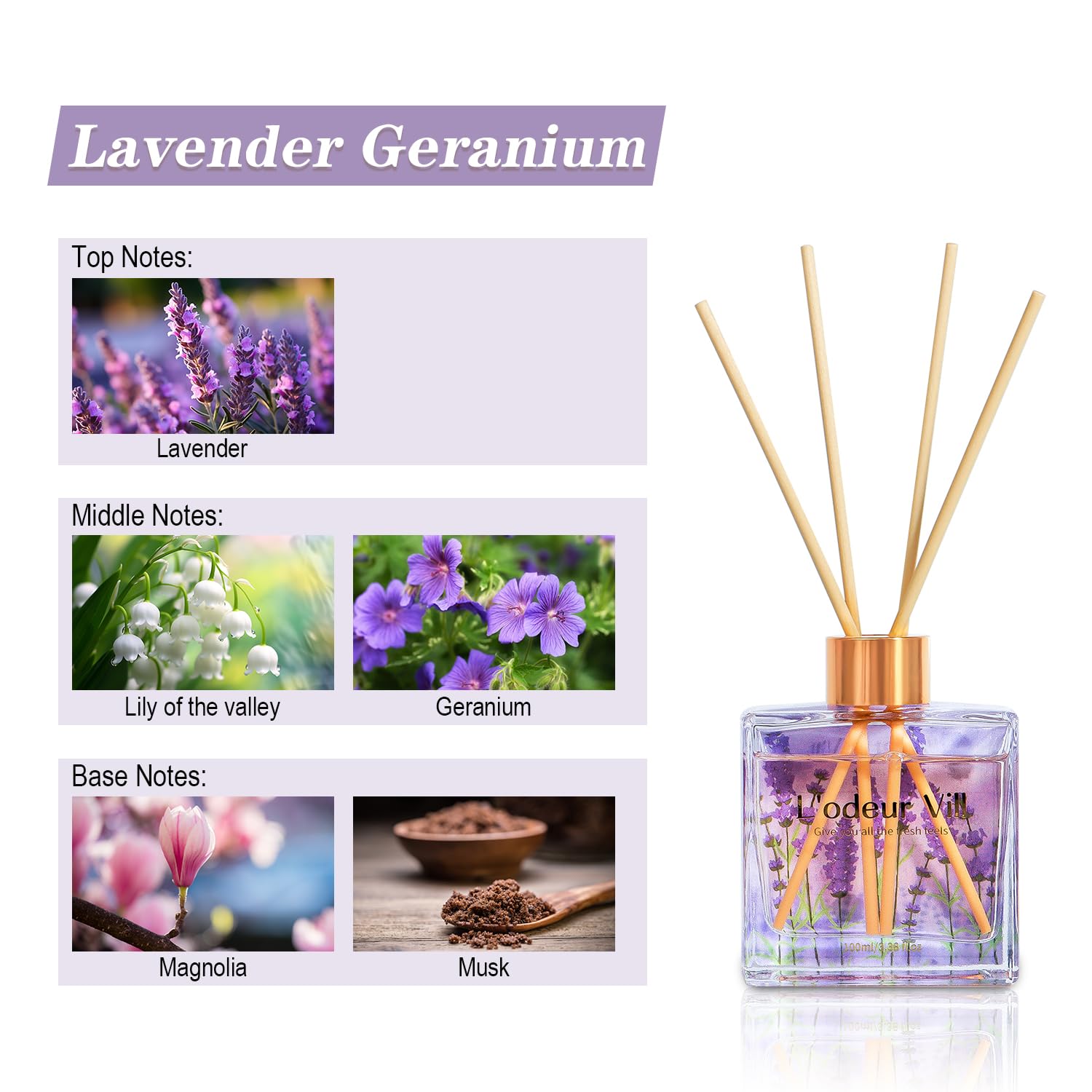 L'odeur Vill Profumatore per Ambienti,Lavanda Geranio Profumatore per Ambienti con 6 Bastoncini di Fragranza, Diffusore di Fragranze per Bagno, Appartamento, Decorazione Della Casa, 100ml