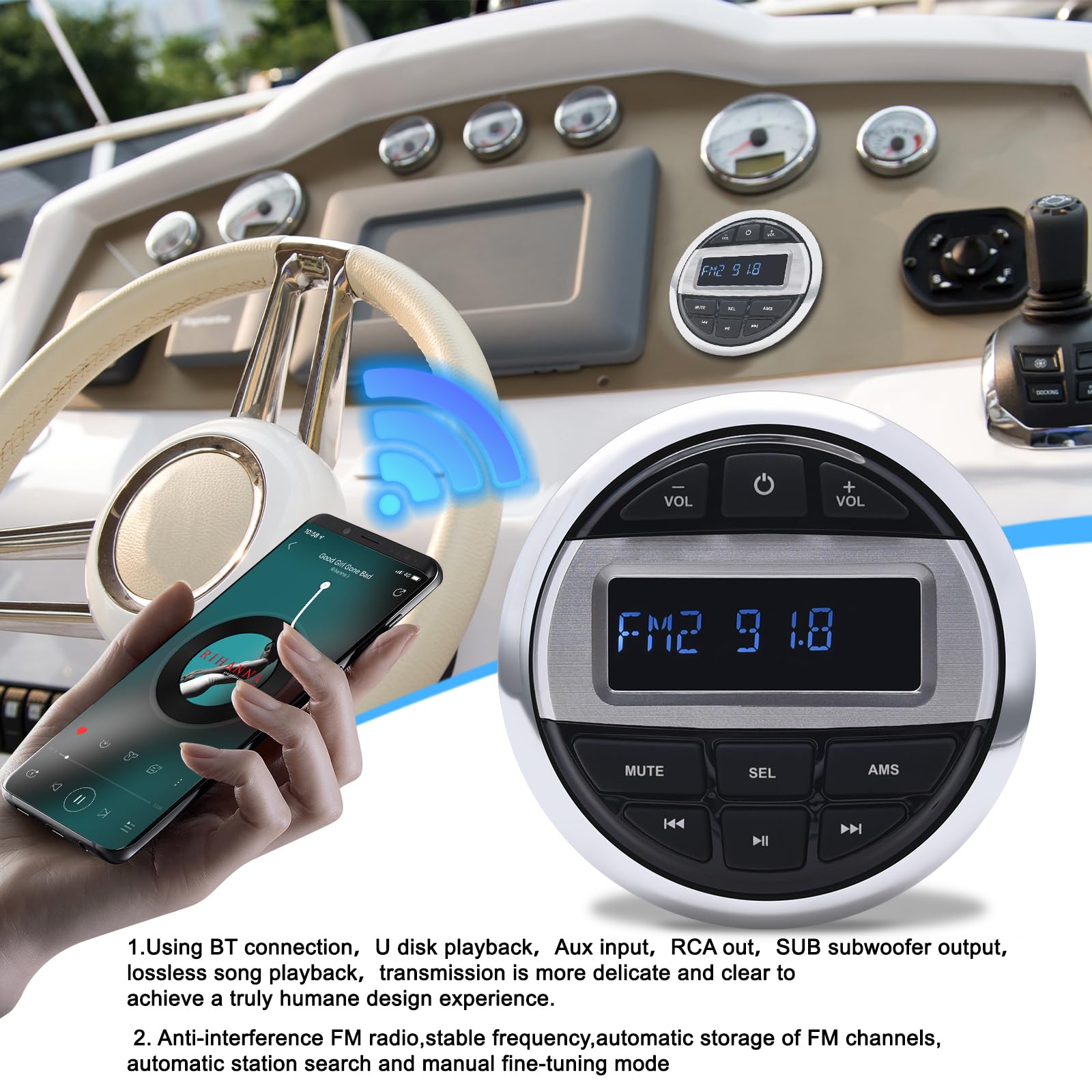 Geloo Marine Radio Stereo Lettore MP3, Barca Marina FM/Am Radio Ricevitore Impermeabile per Marine Yacht, Stereo Barche Camper LKW SUV