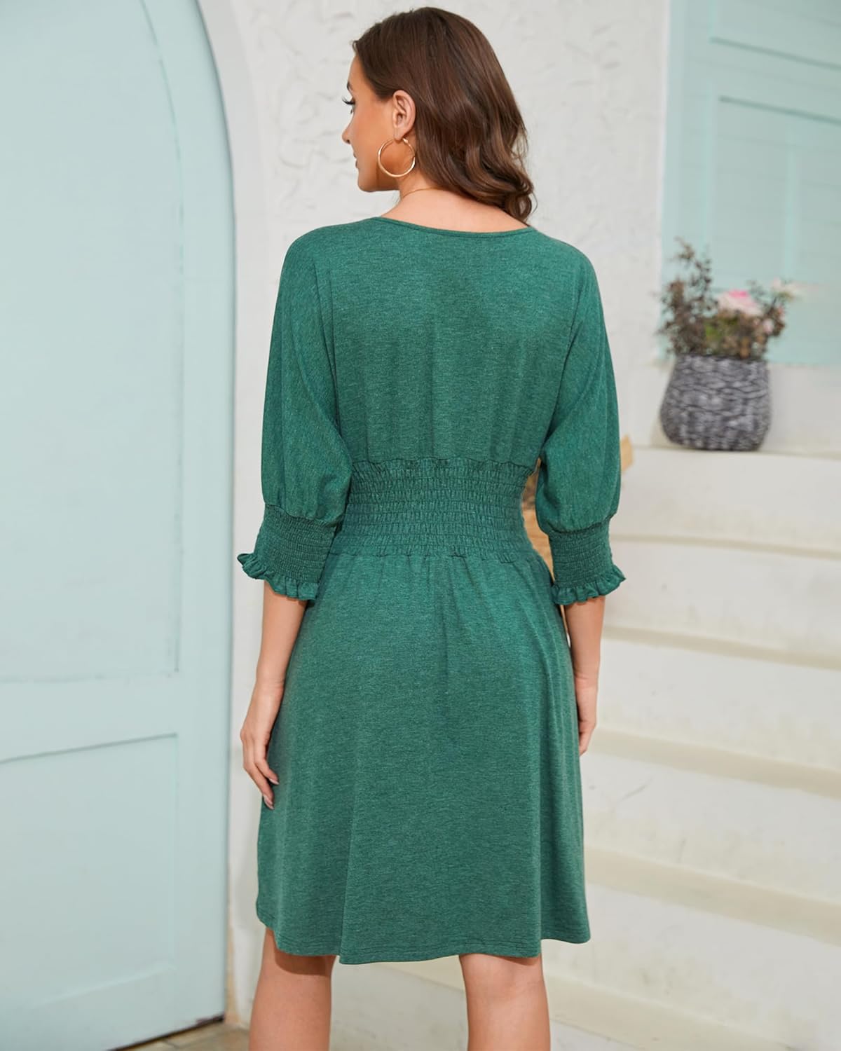 Summer Dresses for Women 2025 Casual 3/4 Sleeve Smocked Dress Crew Neck Elastic Waist A-Line Knee Length with Pocket - Image 5