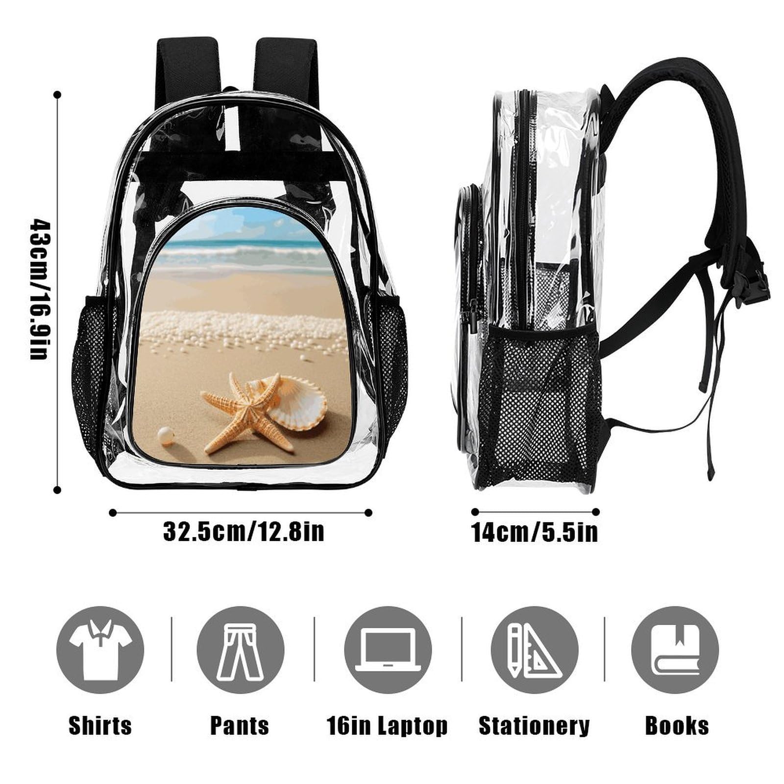 Transparenter Rucksack mit Seesternmuschel und Strand, groß, transparent, PVC, Büchertasche für Sicherheit, Arbeit, Reisen, Stadion