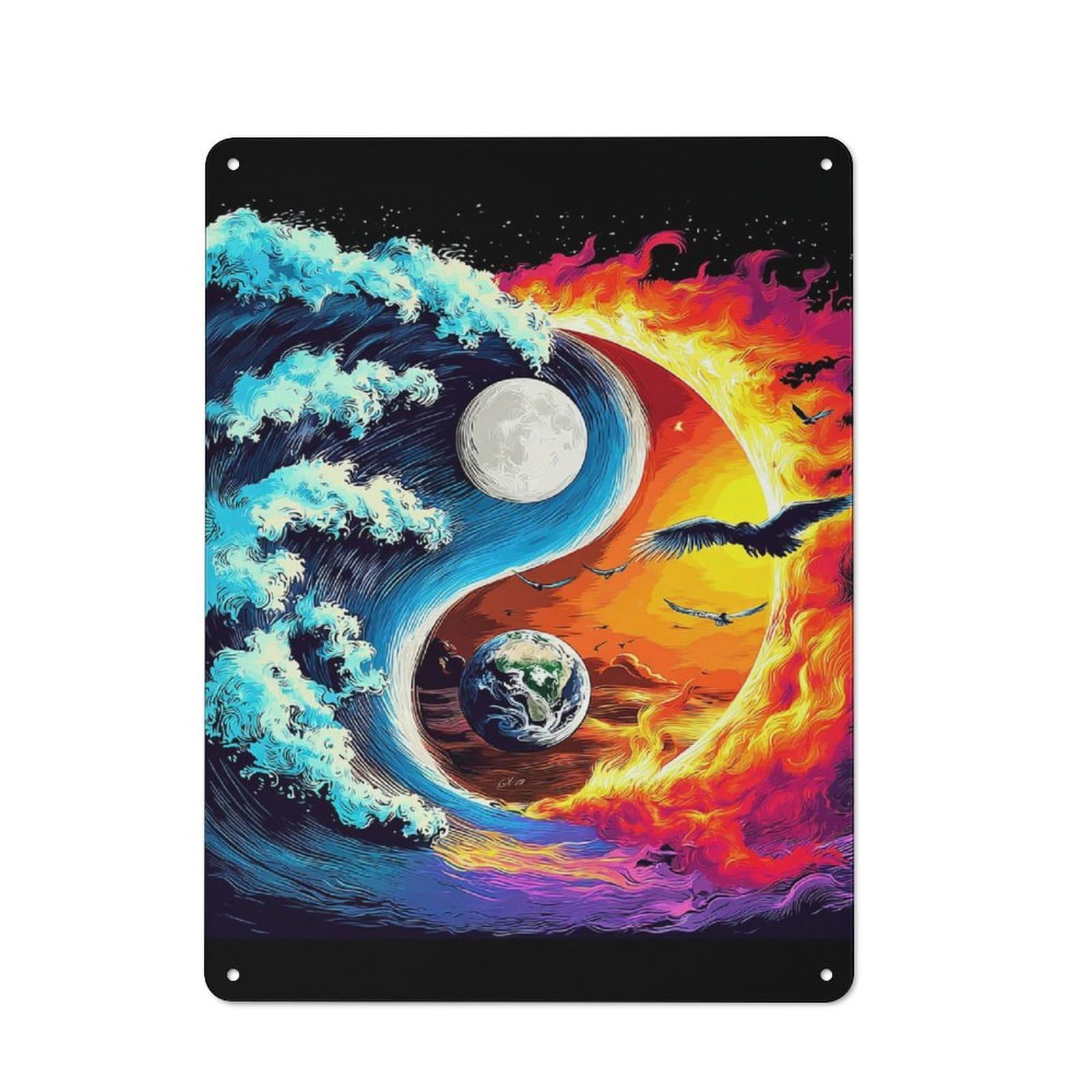 40x30cm Retro-style Tin Sign with Yin Yang Harmony Earth, Moon, Sun for Café Or Restaurant, Winter Wall Decor for Hospitality Interior Collectors