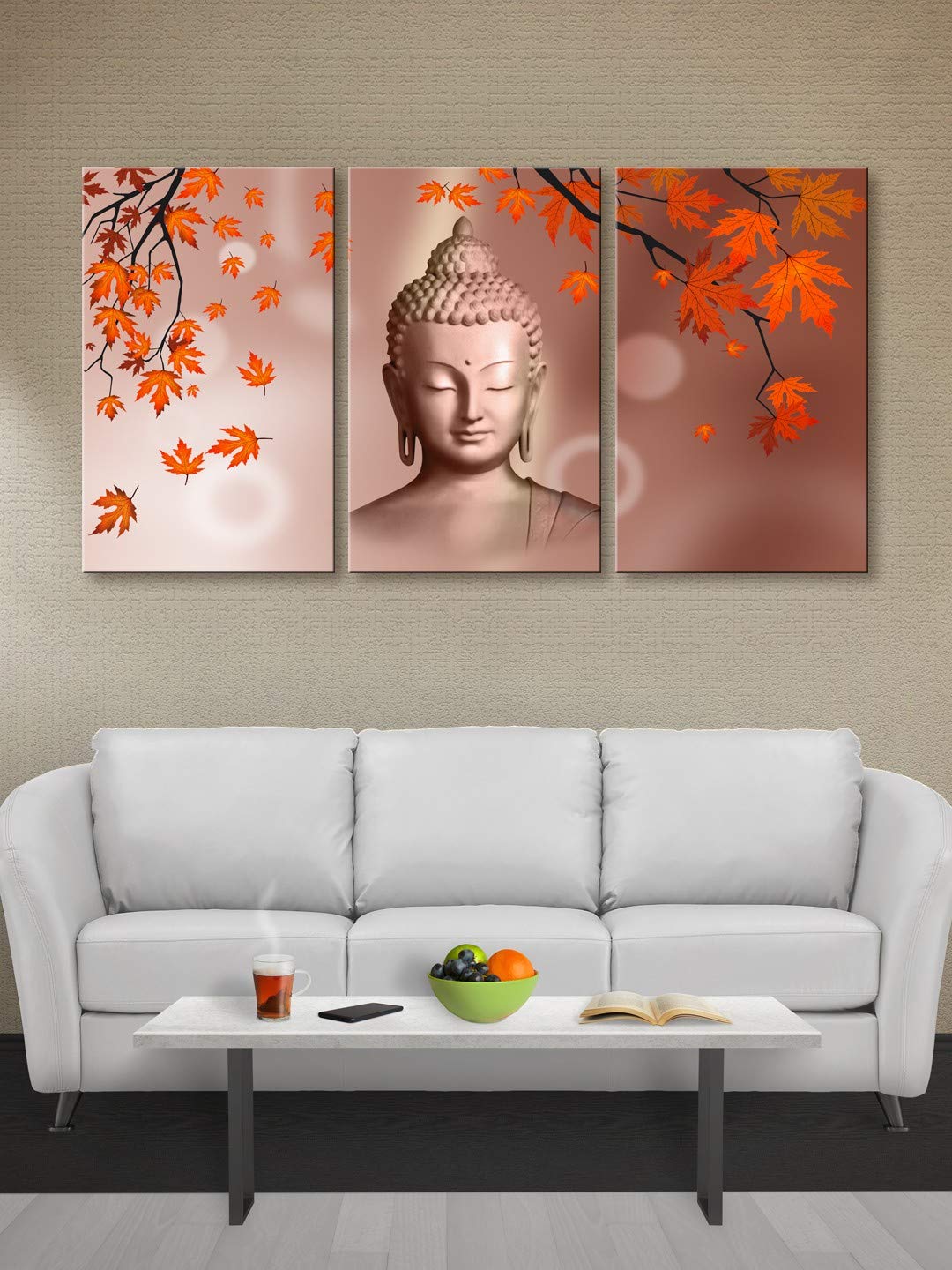 999Store canvas Meditating lord gautam buddha budha face painting with frame big size set of 3 large wall hanging decor wall arts set of 3 (54X30 Inches_Canvas_Framed)