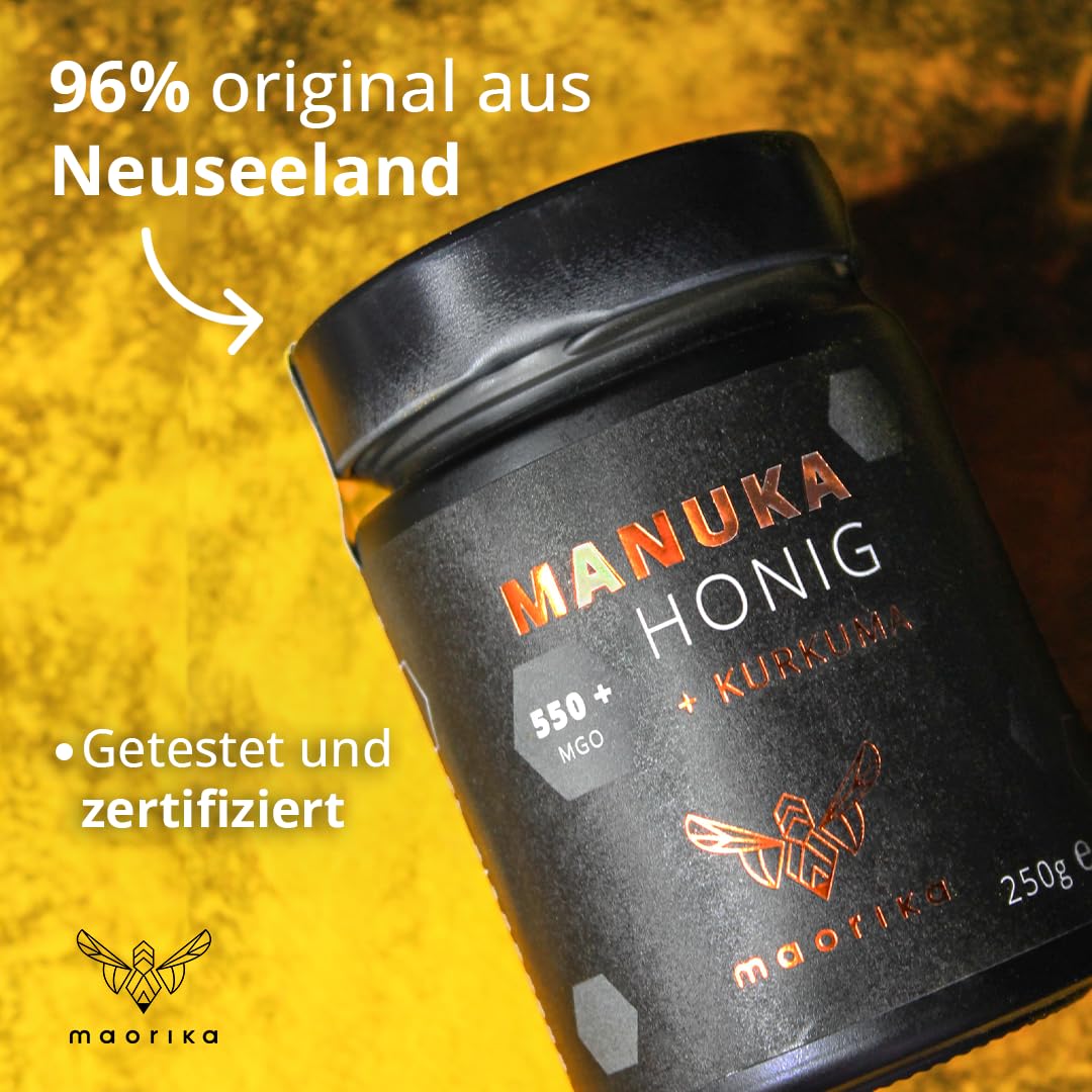 maorika - Manuka Honig 550 MGO im Glas (lichtundurchlässig) - laborgeprüft, zertifiziert aus Neuseeland (Manuka Honig mit Kurkuma)