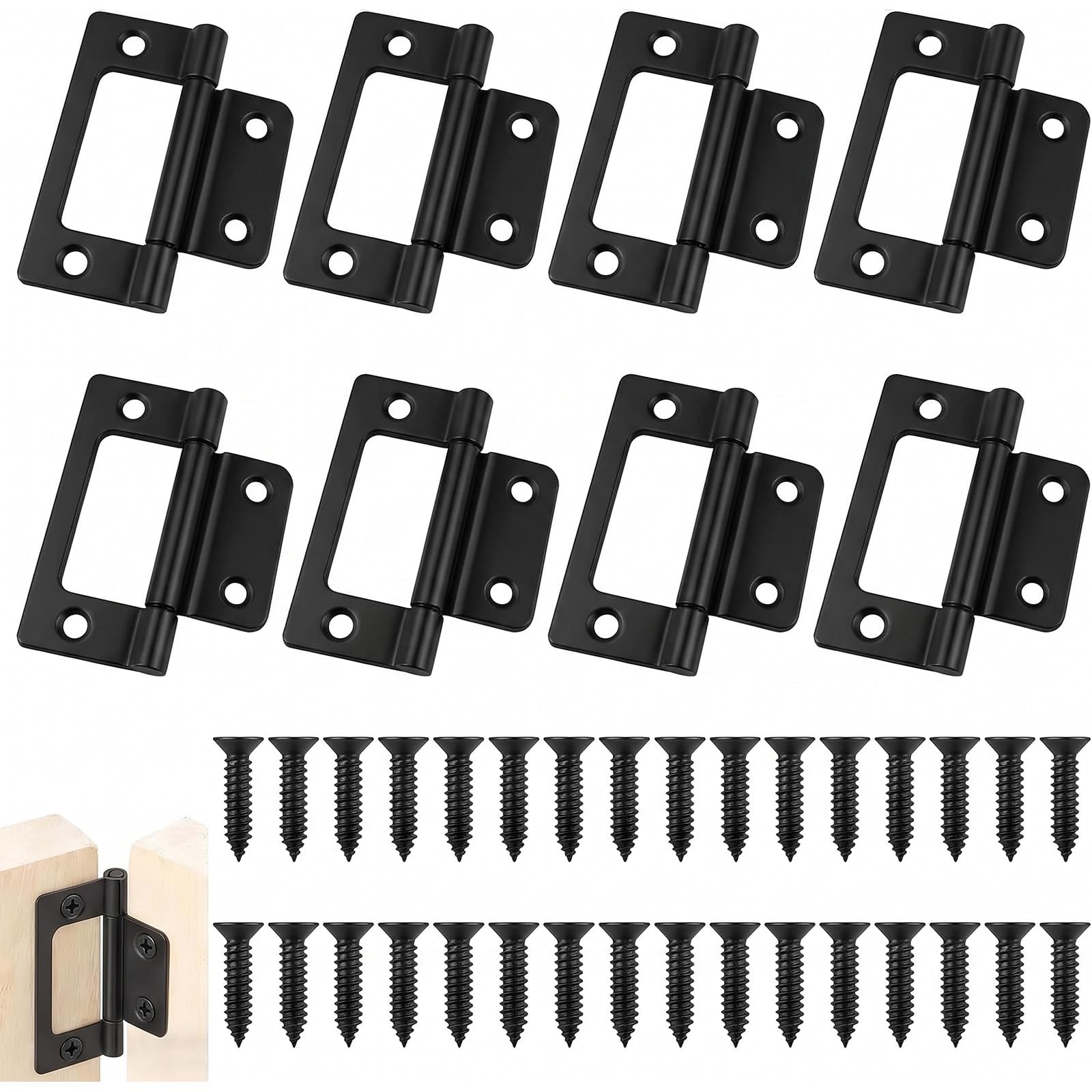 8pcs Flush Hinges, 2 Inch Black Duty Flush Hinges, No Noise Cupboard Hinges for Doors, Cabinets, Dressers, Wardrobes，with 32 Screws (Black)