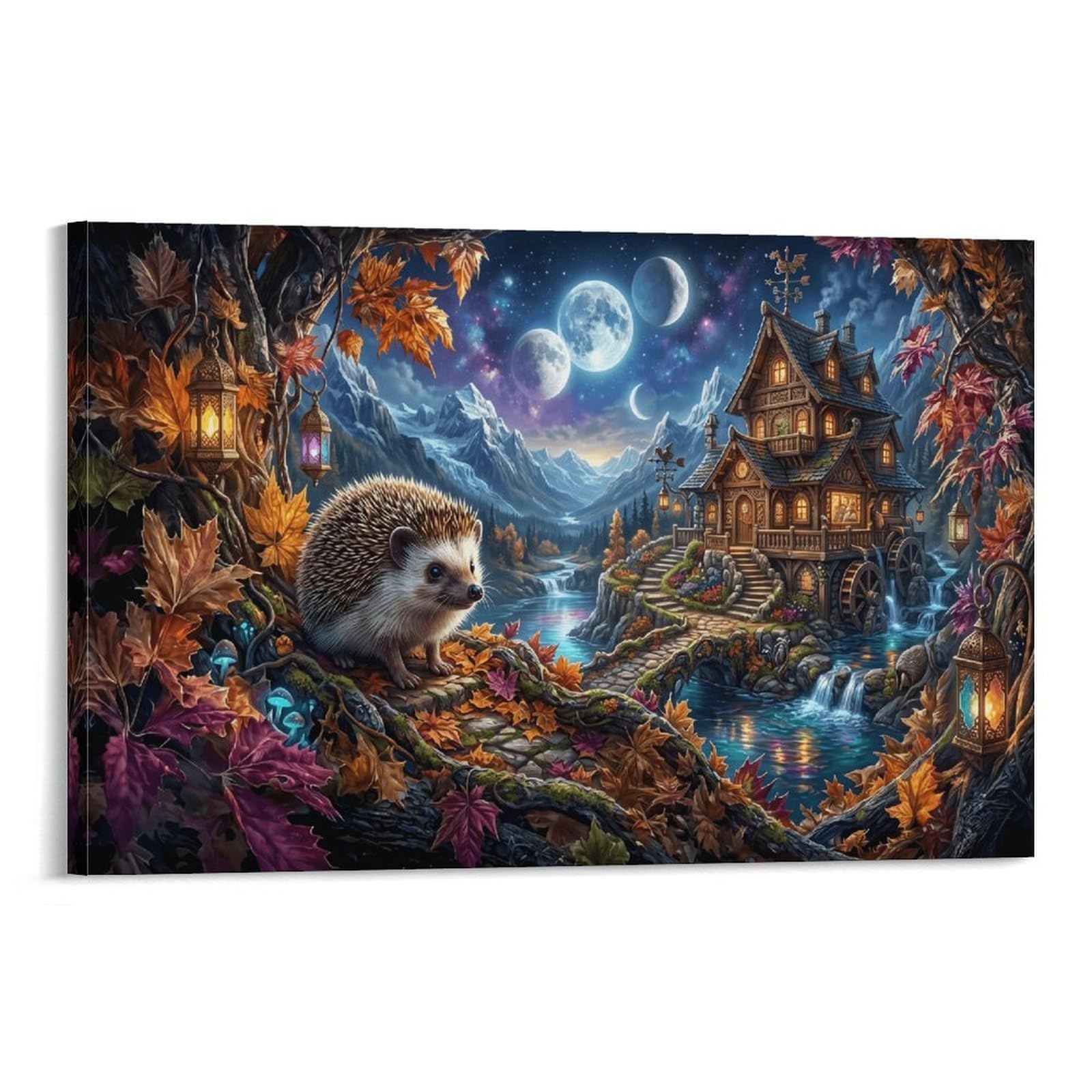 XPASHIQWC Hedgehog Poster Artwork Wooden House Valley Canvas Prints Picture Modern Wall Art Picture Wall Hanging for Bathroom Wall Decor 24x36inch(60x90cm)