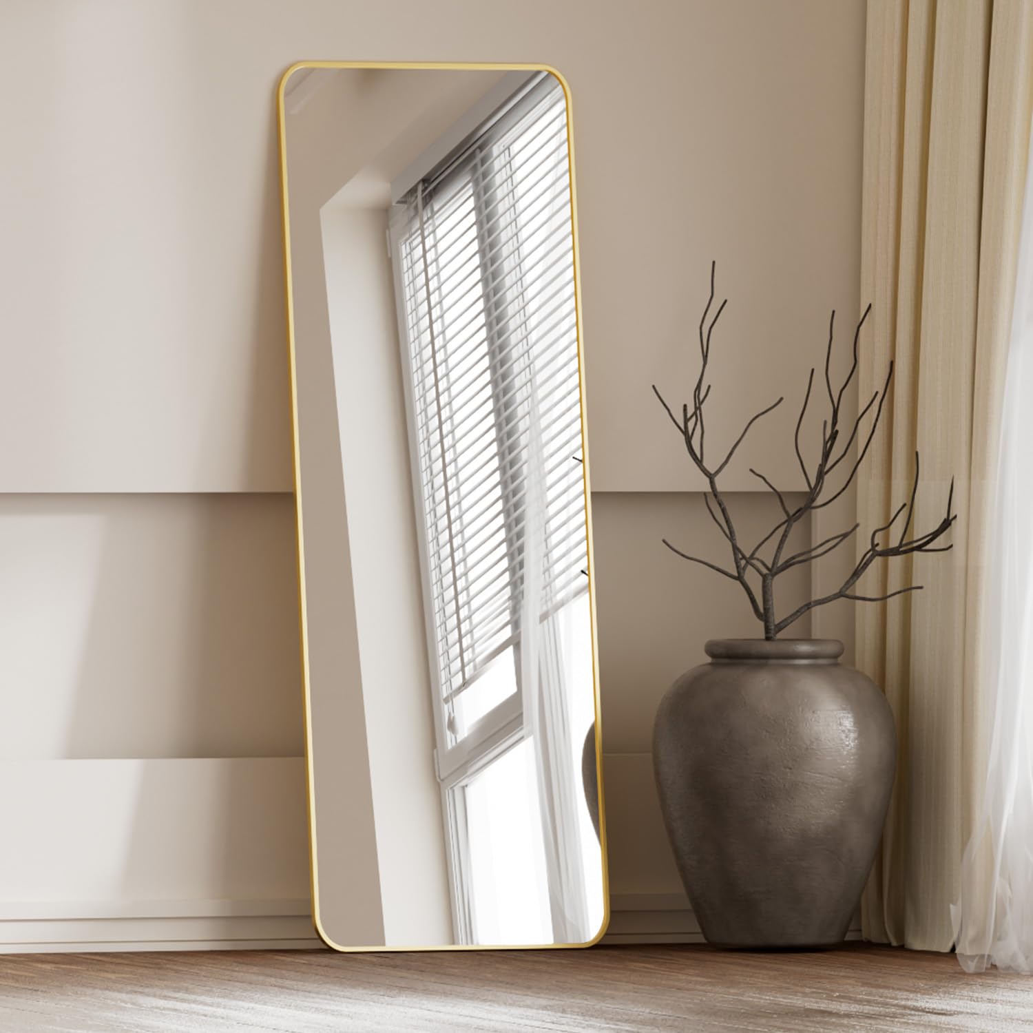 Koonmi Gold Floor Mirror Full Length, 59"x16" Rounded Corner Full Length Mirror with Stand, Hanging or Leaning Against Wall, Aluminum Alloy Frame Dressing Mirror for Living Room, Bedroom
