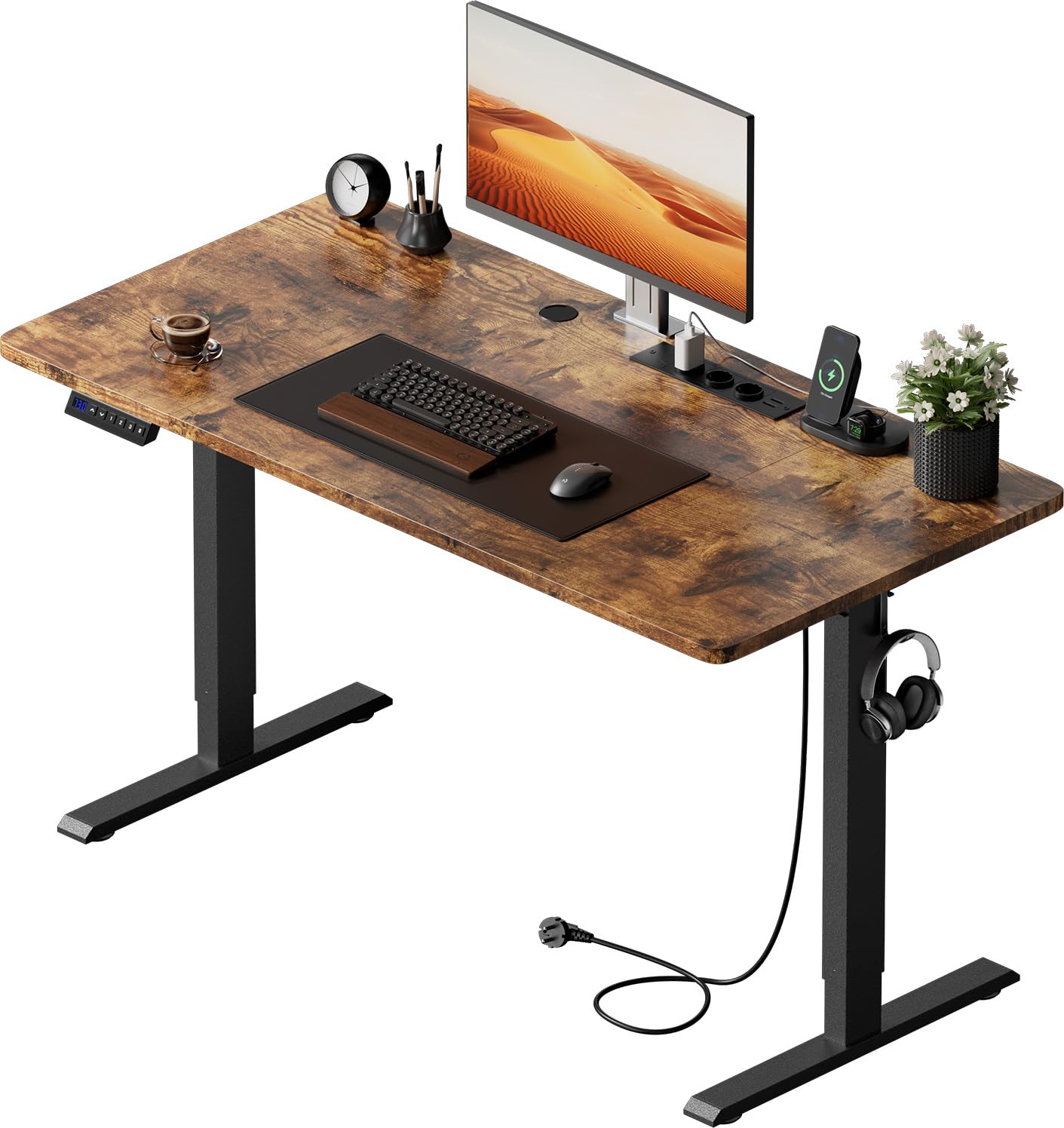 HLFURNIEU Escritorio Elevable Electrico, 120 x 60 cm, Mesa Regulable en Altura, con Enchufes, Puertos USB, 3 Control de Memoria, Marrón Vintage