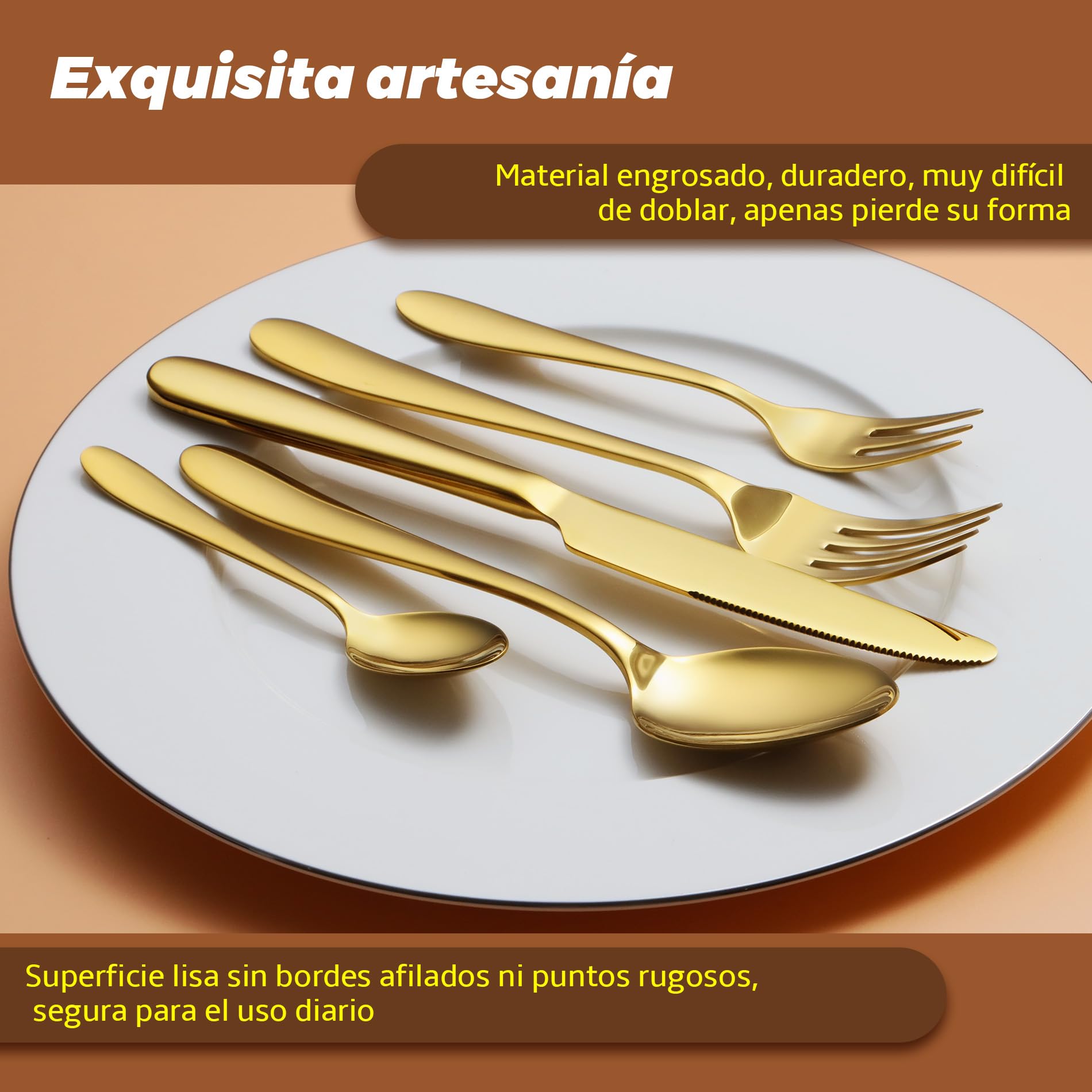 cuberterias dorados completas 6 personas, juego de cubiertos | 30 piezas, acabado espejo, dorada, premium cubiertos acero inoxidable, cuchillo cuchara tenedor, familia/fiesta/hotel