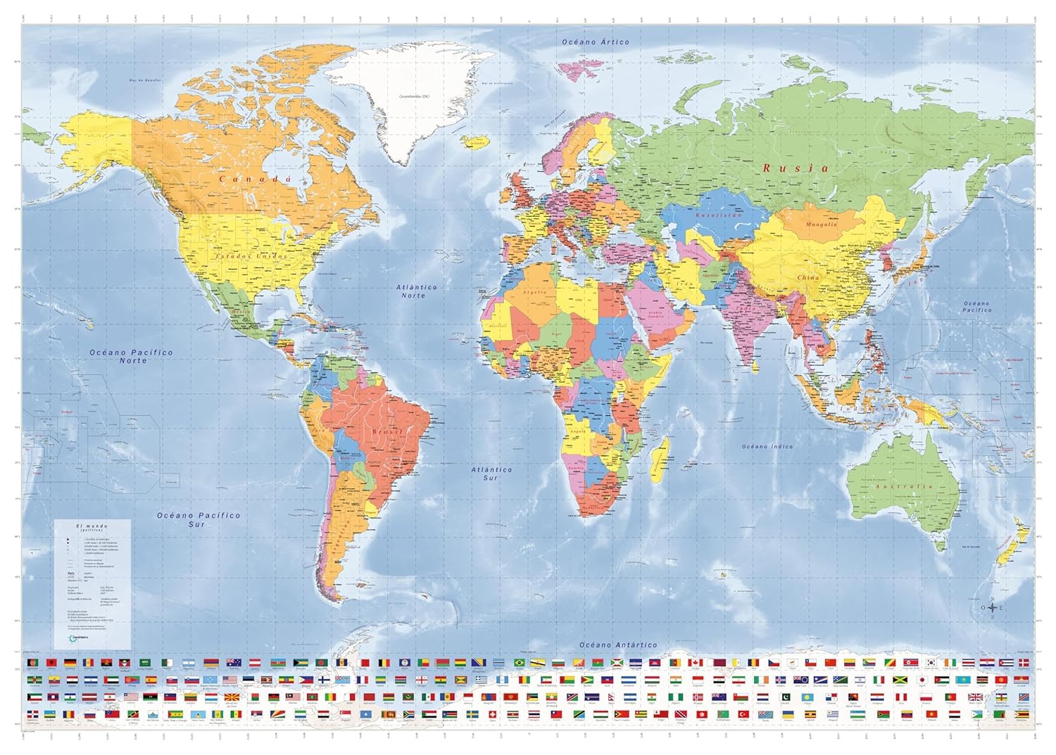 Giant World Map in spanish language (39 X 55) with full lamination (Mapa del mundo en español), wall map