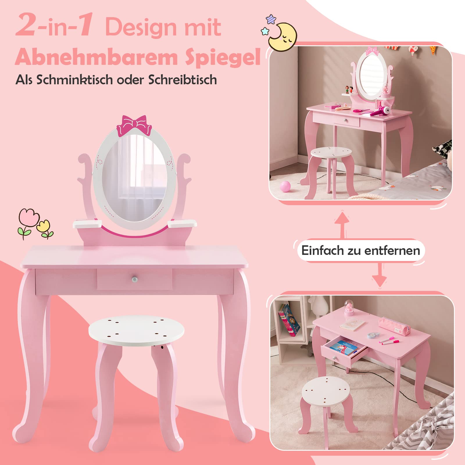 DREAMADE 2 IN 1 Kinder Schminktisch mit Hocker und abnehmbarem Spiegel, Kinderschmink aus Holz, Frisierkommode, Kosmetiktisch, Prinzessin Frisiertisch mit Schublade für Kinder Mädchen