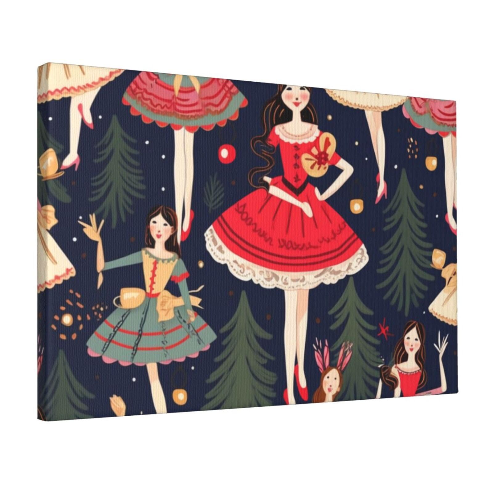 YKLJG Women's Nutcracker Ballet Xmas Dance Printed Wall Art Canvas Prints 45x30 CM Wooden Framed Picture Painting Artwork for Bedroom Kitchen Home Office Decor