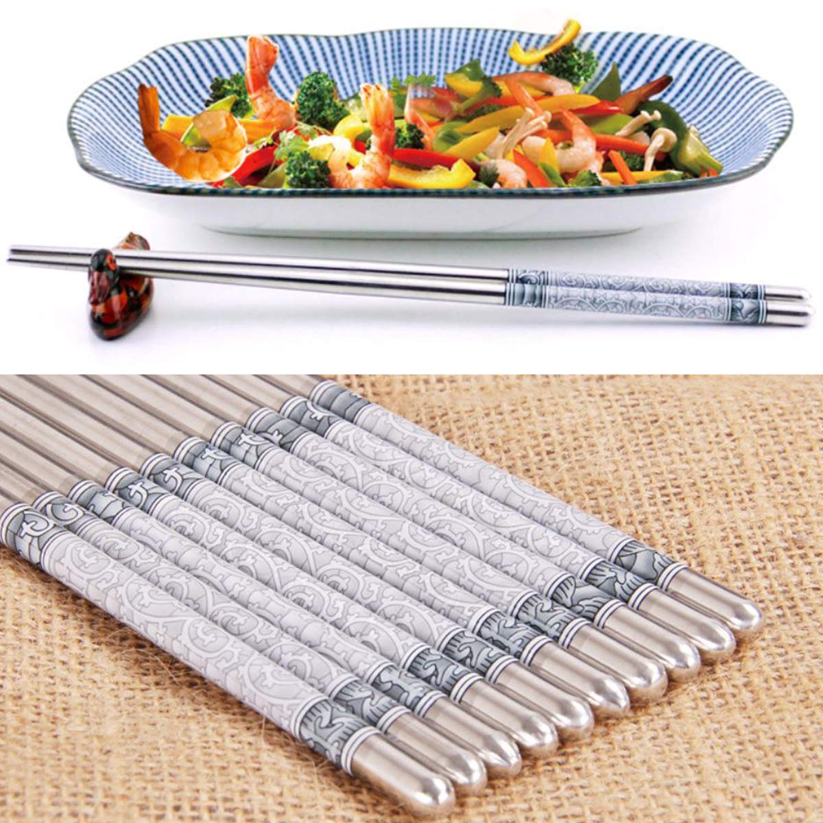 5 Pairs Stainless Steel CHOPSTICKS Blue-and-White Porcelain Pattern Asian Dinner Cutlery Japanese Dinner Reusable Dishwasher Safe