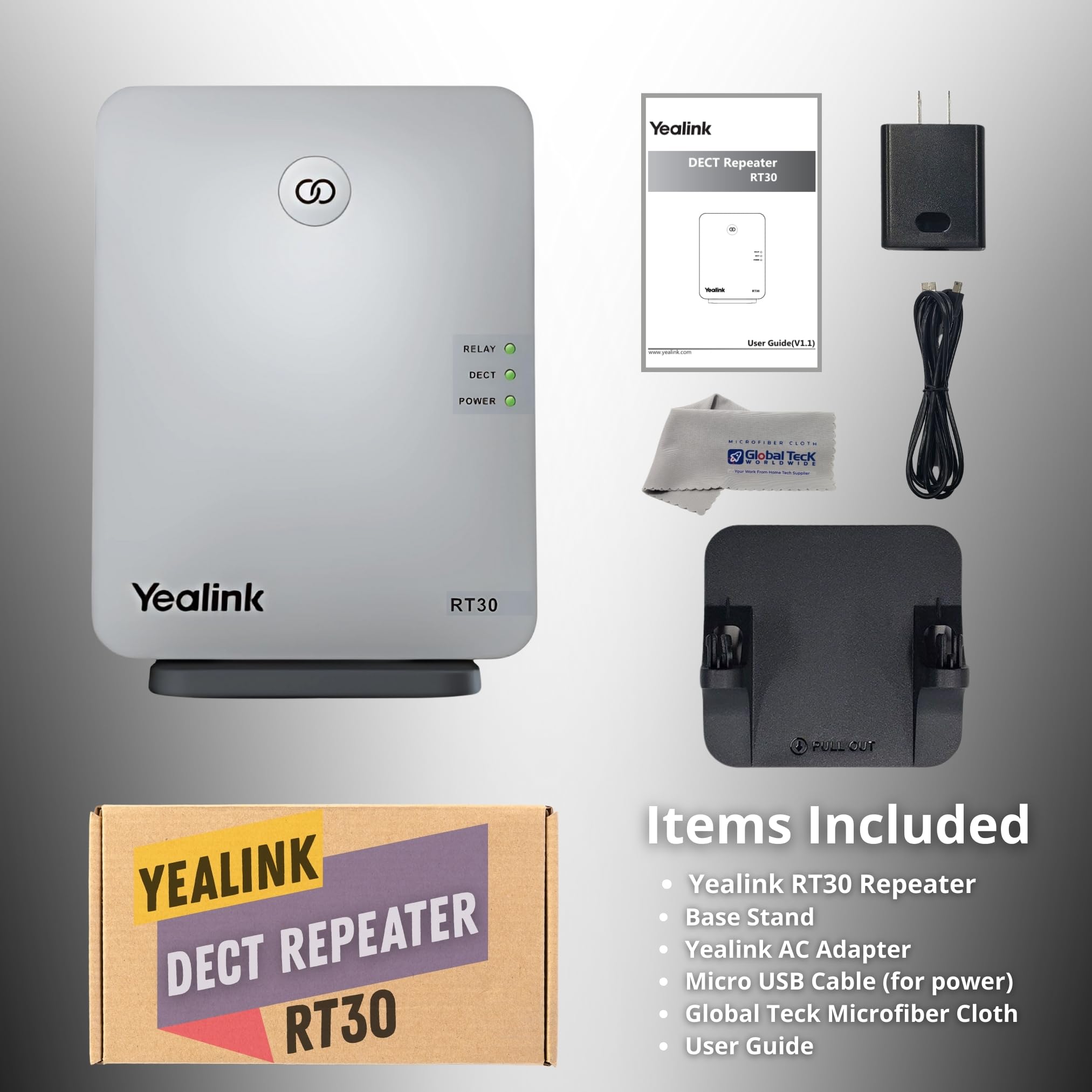 Yealink RT30 Wirlesss DECT Repeater Basestation - for W52P, W56P, W56H, W70B, W70P, DD10K, W60P, W60B, Compatible Cordless Phones: W73H,W78H, W57R, W59R, W53H, W56H, with Global Teck Cloth