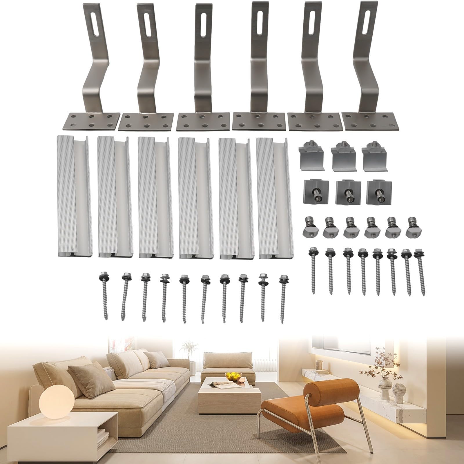 Kit di montaggio per pannello solare, tetto in mattoni, guide in lega di alluminio 6005 con morsetti terminali e ganci, compatibile con moduli fotovoltaici da 30 mm e 35 mm, finitura argento (set 2