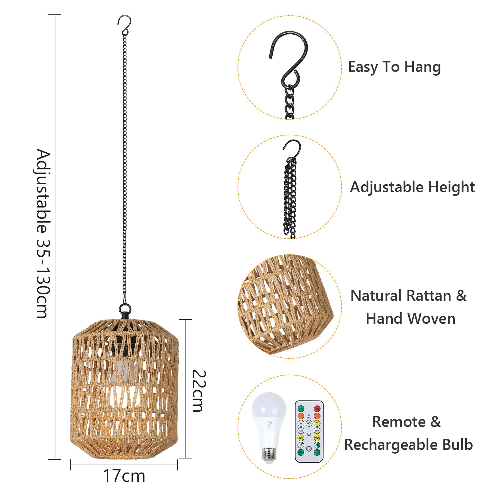 Rayofly 2 Pezzi Lampada a Sospensione Ricaricabile per Interni, Luce a Pendente Boho con Batteria, Lampada Pendente in Rattan senza Attacco Elettrico, Luci da Parco per Esterni con Bulbo e Telecomando