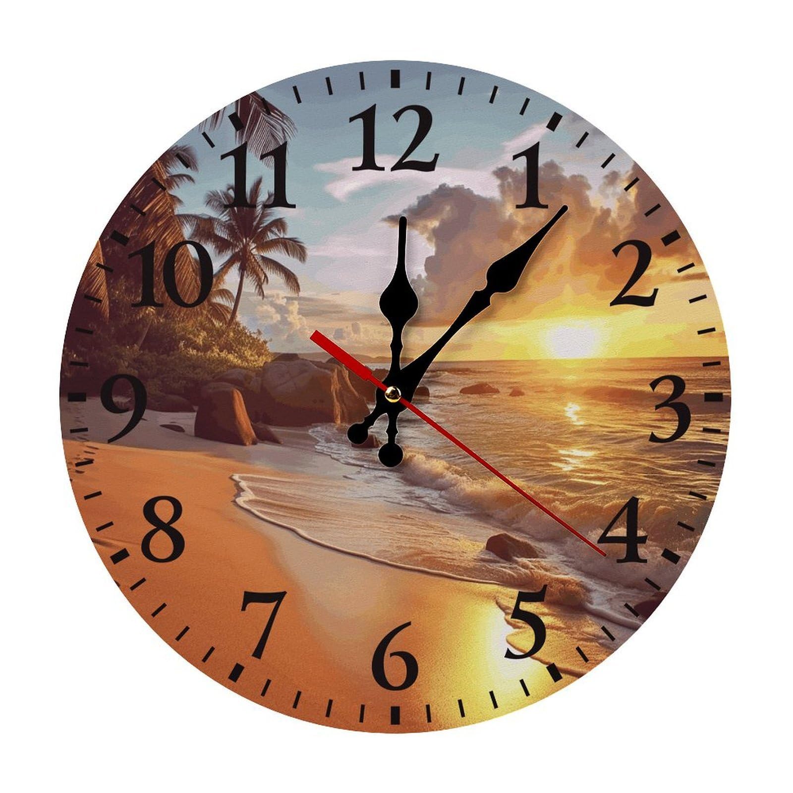 NTVOWPZO 10 Inch Wall Clock Tropical Beach at Sunset Battery Operated Wall Clocks Silent Non-Ticking Round Wall Clock for Living Room Kitchen Home Office Wall Decorative Clock