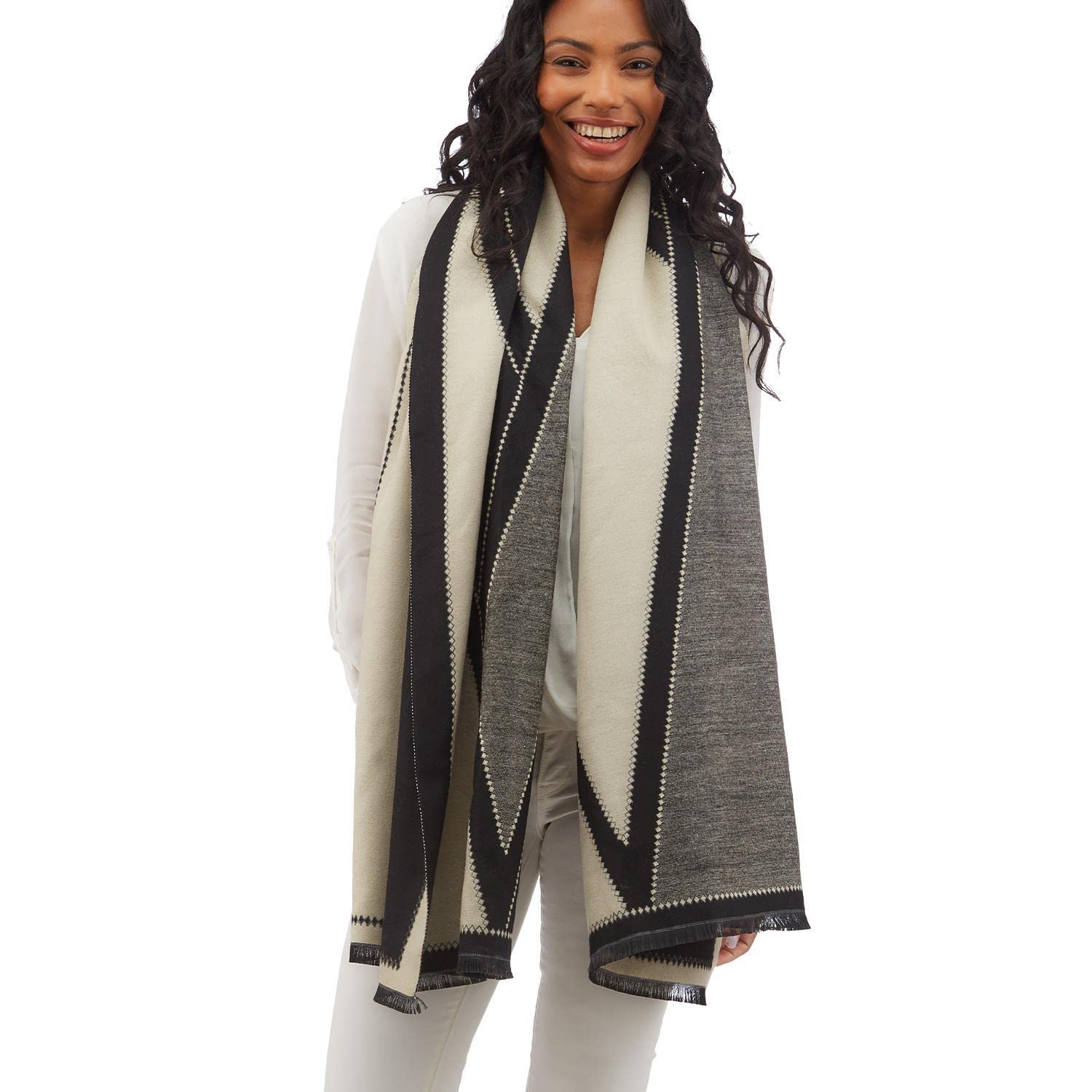 Two's Company Inc.Bold Lines Super Soft Geometric Designed Scarf, Black, Oatmeal, 24" W x 70" L