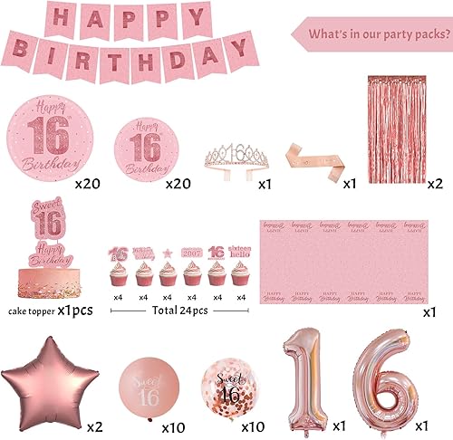 Miniatura 3 de Decoraciones de fiesta de cumpleaños número 16, suministros de fiesta de oro rosa para niñas, cortinas de flecos de aluminio, platos, mantel,