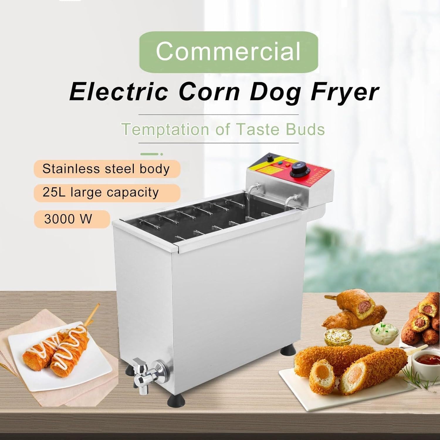 25L Cheese Hot Dogs Sticks Frying Machine,Automatic Cheese Hot Dog Sausage Grill Stove Sticks Fryer,Commercial Deep Fryer,Adjustable Temperature,
