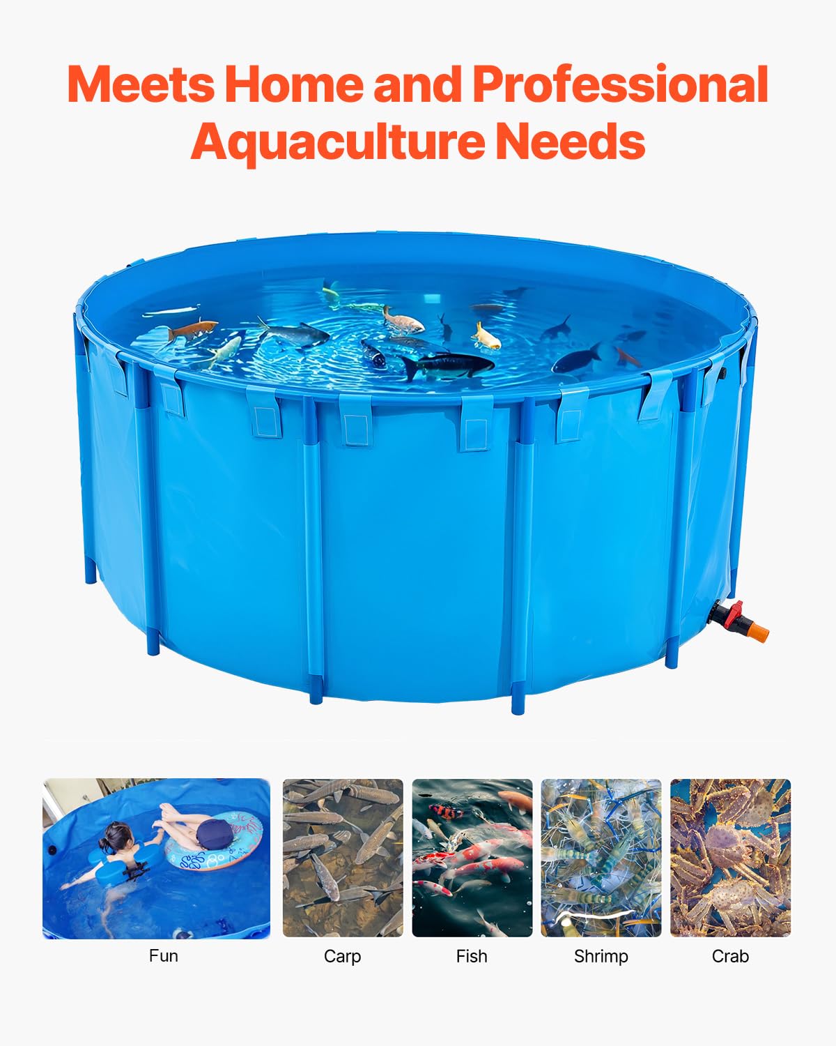 VEVOR Bassin à Poissons Hors Sol, Capacité 4550 L, Étang à Poissons en Toile PVC, avec Cadre Stable en Plastique et Vanne de Vidange, pour Aquaculture, Élevage de Poissons Rouges, Carpes, Koïs, Bleu