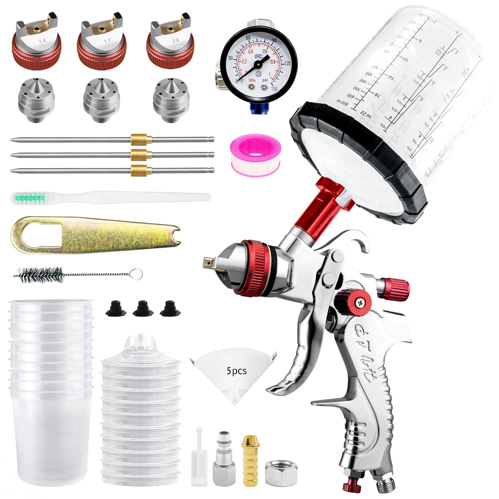 HVLP - Pistola a spruzzo professionale con 10 bicchieri usa e getta da 650 ml, pistola per verniciatura ad aria compressa, 3 ugelli 1,4/1,7/2,0 mm e accessori, HVLP mobili auto di riparazione (rosso)