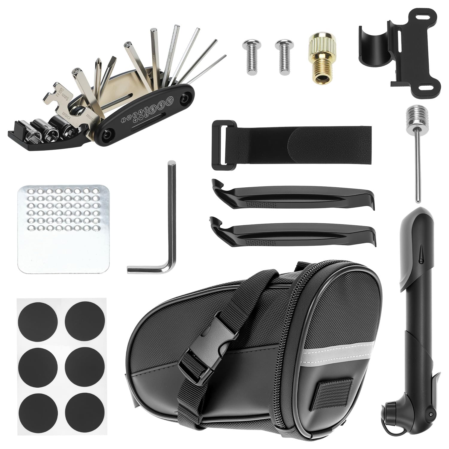 QWORK® Waterproof Bike Saddle Bag with Comprehensive Repair Tool Kits – Ultimate Bicycle Storage Solution with Multi Tool, Puncture Repair Kits, and Valve Adapters
