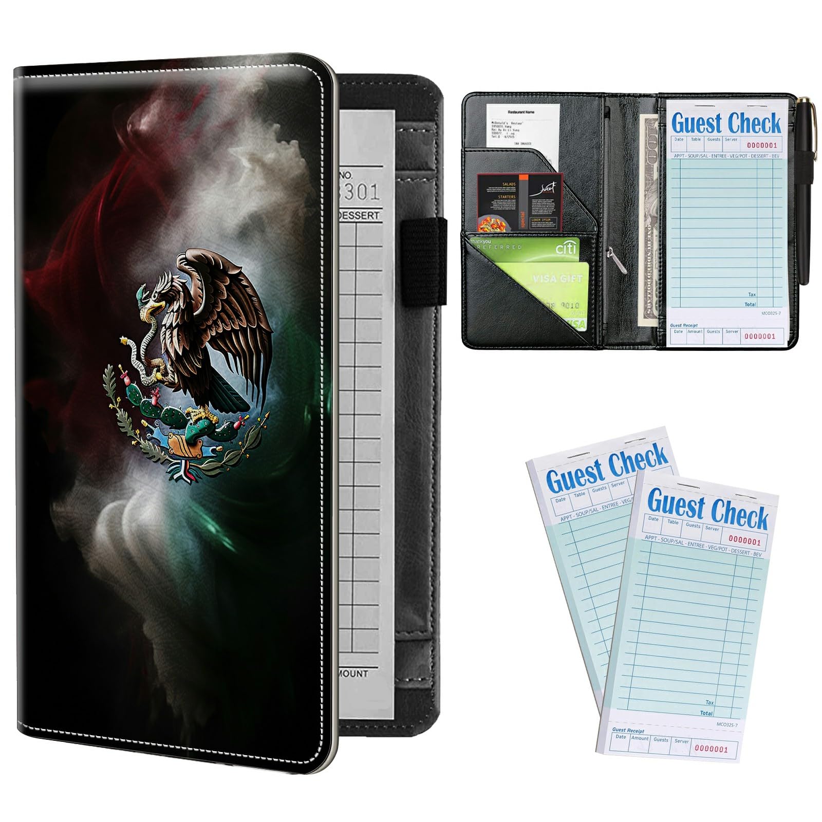 Server Books Plus 2 Pack Guest Checks Pads for Waitress Waiter, Mexico Flag Server Booklet Waitstaff Organizer with Zipper Pocket Guest Check Presenters Server Wallet Money Holder (5