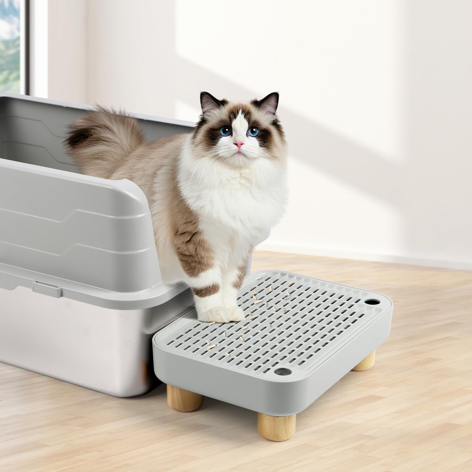 Scala per gatto rialzata, gradini per lettiera con piedini in legno, pedale di filtraggio per lettiera per gatti, ideale per gattini e gatti anziani (Grigio chiaro)