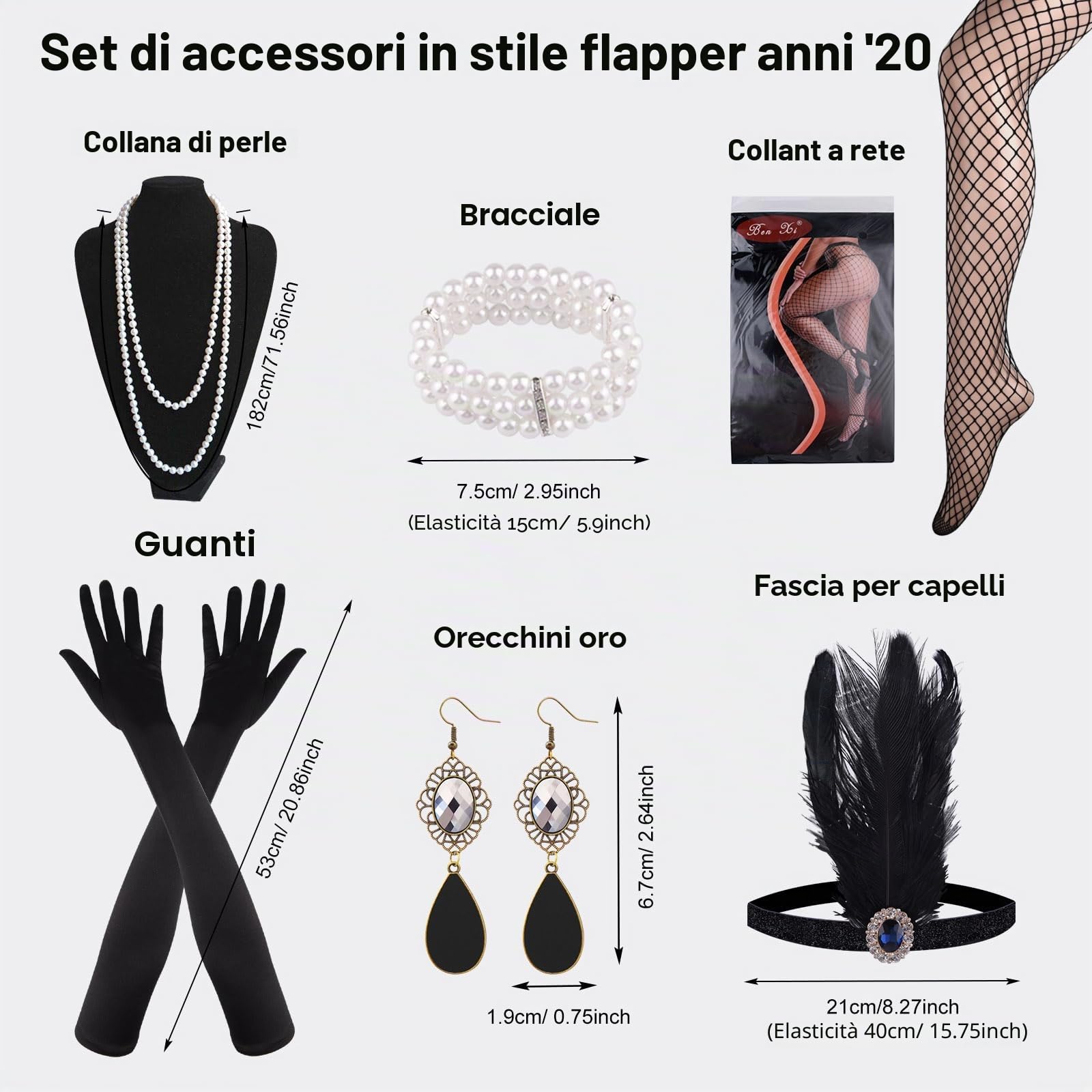 ELECLAND 10 Pezzi Flapper Anni '20 Grande Gatsby Accessori Set Moda Anni '20 Tema Set con Fascia Copricapo Guanti Neri Lunghi Collana Orecchini per Donna